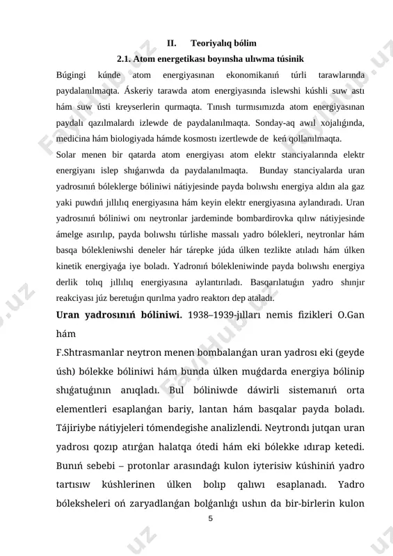 ciyası júz beriwi ushın ekilemshi neytronlardıń keyingi yadro bóliniwlerindegi qatnası ayrıqsha áhmiyetke iye. sonıń ushın neytronlardıń kóbeyiw koefficienti túsinigi kirgiziledi: k= (2.3) bul jerde: shama–i-etapta yadrolar bóliniwin payda etetuǵın neytronlar sanı bolsa, –onnan aldınǵı etapta yadrolar bóliniwin payda etetuǵın neytronlar sanı. kóbeyiw koefficienti tek neytronlar sanın emes, al bólinetuǵın yadrolar sanın da kórsetedi. eger k 1 bolsa, shınjır reakciyası kóshki tárizli ósip baradı hám yadro partlawına alıp keledi. yadro reaktorı. insaniyat ushın shınjır reakciyasın ámelge asırıw emes, al bólinip shıǵatuǵın energiyadan paydalanıw ushın onı basqarıw ayrısha áhmiyetke iye. awır yadrolardıń bóliniw shınjır reakciyasın ámelge asırıw hám basqarıw imkaniyatın beretuǵın qurılma yadro reaktorı delinedi. birinshi yadro reaktorı 1942-jılı e. fermi basshılıǵında chikago universiteti qasında qurılǵan. janılǵı sıpatında 5% ke shekem uran–235 penen bayıtılǵan tábiyi urannan paydalanatuǵın bul reaktordıń sxeması 2-súwrette kórsetilgen. [image: ] uran–235 yadrosında shınjır reakciyasın rawajlandırıw ıssı neytronlar járdeminde ǵana ámelge asırılıwı múmkin (energiyası 0,005–0,5 ev aralıǵında bolǵan neytronlar …