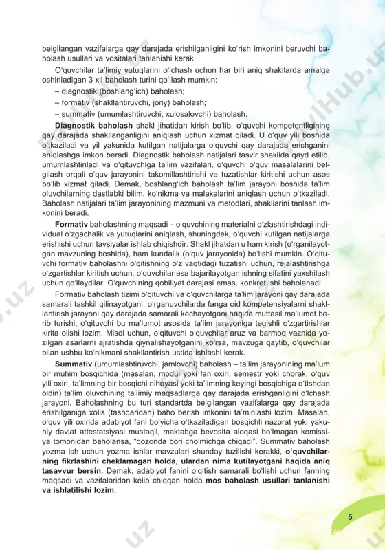 turini qoʻllash mumkin: – diagnostik (boshlangʻich) baholash; – formativ (shakllantiruvchi, joriy) baholash; – summativ (umumlashtiruvchi, xulosalovchi) baholash. diagnostik baholash shakl jihatidan kirish boʻlib, oʻquvchi kompetentligining qay darajada shakllanganligini aniqlash uchun xizmat qiladi. u oʻquv yili boshida oʻtkaziladi va yil yakunida kutilgan natijalarga oʻquvchi qay darajada erishganini aniqlashga imkon beradi. diagnostik baholash natijalari tasvir shaklida qayd etilib, umumlashtiriladi va oʻqituvchiga taʼlim vazifalari, oʻquvchi oʻquv masalalarini bel- gilash orqali oʻquv jarayonini takomillashtirishi va tuzatishlar kiritishi uchun asos boʻlib xizmat qiladi. demak, boshlangʻich baholash taʼlim jarayoni boshida taʼlim oluvchilarning dastlabki bilim, koʻnikma va malakalarini aniqlash uchun oʻtkaziladi. baholash natijalari taʼlim jarayonining mazmuni va metodlari, shakllarini tanlash im- konini beradi. formativ baholashning maqsadi – oʻquvchining materialni oʻzlashtirishdagi indi- vidual oʻzgachalik va yutuqlarini aniqlash, shuningdek, oʻquvchi kutilgan natijalarga erishishi uchun tavsiyalar ishlab chiqishdir. shakl jihatdan u ham kirish (oʻrganilayot- gan mavzuning boshida), ham kundalik (oʻquv jarayonida) boʻlishi mumkin. oʻqitu- vchi formativ baholashni oʻqitishning oʻz vaqtidagi …