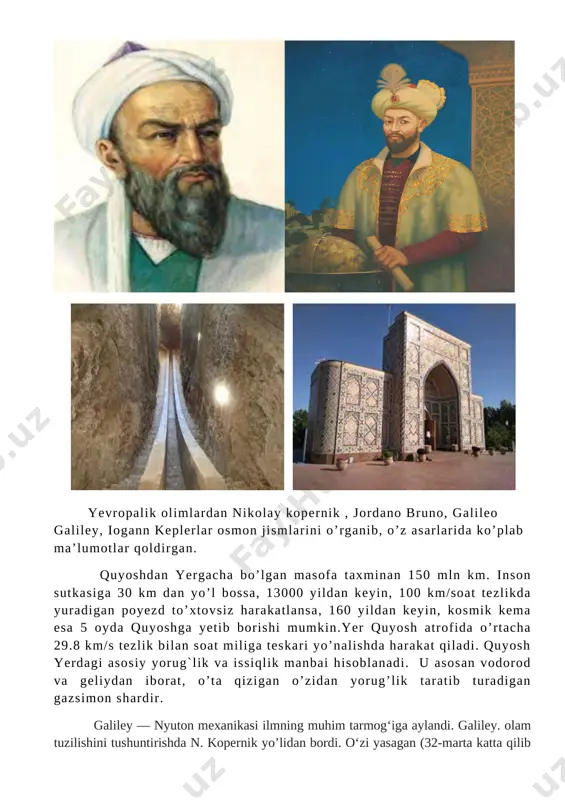 g quyosh atrofidagi harakat yoʻllari (orbitalari) kichik sayyoralarnikiga qaraganda ancha choʻziq boʻlgani uchun quyoshga yaqinlashgandagina koʻrinadi. avval ular osmonda xira oq tuman nuqtalarga oʻxshab koʻrinib, keyin quyoshga yaqinlashgani sari uning taʼsirida „dum“ chiqaradi (baʼzan bir necha „dum“ chiqarishi ham mumkin). odatda, kometalarning dumlari quyoshga nisbatan qarama-qarshi yoʻnalgan boʻladi. har yili 5-10 ta kometa kashf etiladi. kometalar (yunon. kometes — uzun sochli; belgisi: [image: ☄]) — quyosh tizimiga kiradigan kichik osmon jismlari. kometalarning quyosh atrofidagi harakat yoʻllari (orbitalari) kichik sayyoralarnikiga qaraganda ancha choʻziq boʻlgani uchun quyoshga yaqinlashgandagina koʻrinadi. avval ular osmonda xira oq tuman nuqtalarga oʻxshab koʻrinib, keyin quyoshga yaqinlashgani sari uning taʼsirida „dum“ chiqaradi (baʼzan bir necha „dum“ chiqarishi ham mumkin). odatda, kometalarning dumlari quyoshga nisbatan qarama-qarshi yoʻnalgan boʻladi. har yili 5-10 ta kometa kashf etiladi. yangi mavzuni mustahkamlash uchun tezkor savollar: 1. quyosh sistemasini o’rgangan olimlardan qaysilarini bilasiz? 2. o’rta osiyolik olimlardan kimlar rasadxona qurgan? 3. galiley nimani aniqlagan? …