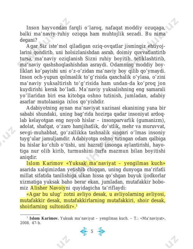 yo‘naltiruvchi ruhiy-ma’naviy manba sifatida qaralgan. bu yerda odobni tor ma’noda tushunmasligimiz, bu so‘z zami- rida yotgan barcha fazilatlarni tasavvur qilishimiz kerak. ya’ni odob tushunchasi insonni inson qilib turadigan barcha ijobiy fazilatlarni o‘zida jamuljam etadi. vatanga muhabbat, ajdodlar xotirasiga ehtirom, ota-ona va yaqinlariga mehr-oqibat, o‘zgalar dard-u tashvishi bilan yashash, inson tuyg‘ulariga hurmat va e’tibor, shafqatga muhtoj kishilar ko‘nglini ko‘tarish – bularning bari inson odobi degan yuksak tushunchani tashkil etadi. ada- biyot tarixidagi jamiki buyuk asarlarning bosh mazmun-mohi- yatini esa ayni qadriyatlar tashkil qiladi. shuni ham ta’kidlash kerakki, o‘qishda ham o‘qish, uqish va his qilish bor. demoqchimizki, kitob mutolaasi odam bolasidan bu ishga jiddiy berilishni, yuqorida ta’kidlaganimizdek, ixlos bilan yondashishni talab qiladi. falon asarni o‘qidingmi-o‘qidim qabilida ish tutish mutlaqo yaramaydi. o‘sha asarni, uni yozgan yozuvchi yoxud shoirning orzu-o‘ylari, asarga singdirgan tuy- g‘ularini his qilish kishidan alohida e’tiborni talab qiladi. asarni his qilib o‘qimaslik chinakam gul bilan sun’iy gulning farqiga bormagandek gap. xo‘sh, …