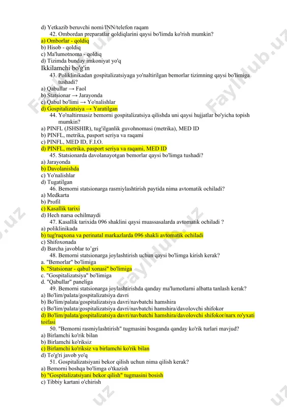 ma'lumotnomalar c) omborlar/hisob/ma'lumotnomalar d) to'g'ri javob yo'q 39. o'lchov birligi bilan tovarni nomenklaturaga qo'shishda qanday majburiy maydonlarni to'ldirish kerak? a) tur/nomi/mamlakat/chiqarish shakli b) ishlab chiqaruvchi/idish/chiqarish shakli c) chiqarish shaklida miqdor/o'lchov birligi/dozalash d) barcha javoblar to'g'ri 40. o'lchov birligi bo'lmagan tovarni nomenklaturaga qo'shishda qanday majburiy maydonlarni to'ldirish kerak? a) tur/nomi/mamlakat/ishlab chiqaruvchi b) tur/nomi/mamlakat/ishlab chiqaruvchi/idish/chiqarish shaklida miqdor c) tur/nomi/mamlakat/ishlab chiqaruvchi/o'lchov birligi d) tur/nomi/mamlakat/ishlab chiqaruvchi/o'lchov birligi/dozalash 41. shartnomalar qo'shishda qanday majburiy maydonlarni to'ldirish kerak? a) yetkazib beruvchi nomi/shartnoma raqami/shartnoma muddati b) yetkazib beruvchi nomi/shartnoma raqami/telefon raqam c) yetkazib beruvchi nomi/inn/hisob raqam d) yetkazib beruvchi nomi/inn/telefon raqam 42. ombordan preparatlar qoldiqlarini qaysi bo'limda ko'rish mumkin? a) omborlar - qoldiq b) hisob - qoldiq c) ma'lumotnoma - qoldiq d) tizimda bunday imkoniyat yo'q ikkilamchi bo'g'in 43. poliklinikadan gospitalizatsiyaga yo'naltirilgan bemorlar tizimning qaysi bo'limiga tushadi? a) qabullar → faol b) statsionar → jarayonda c) qabul bo'limi → yo'nalishlar d) gospitalizatsiya → yaratilgan 44. yo'naltirmasiz bemorni gospitalizatsiya …