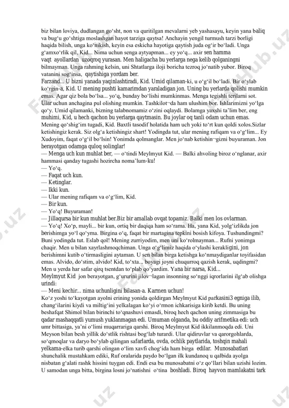 rini o‘lim, yaratguvchi va yorug‘ dunyo qarshisidagi qo‘rquv hissi, ayni paytda—tirilish umidi, hayot va umriboqiylik qayg‘usi, zanjirband ongning behuda urinishlari ishg‘ol qiladi! demak, inson qachonlardir o‘z yaratuvchisi bilan yuzma-yuz qoladi . kun shomga tutashdi. bu yerda daryo o‘zani keskin burilgan edi, meyson muyulishni kesib o‘tish uchun chanasini tor burunga tomon boshladi. biroq itlar qancha urinmasin, tepalikka ko‘tarila olishmasdi. ruf va meylmyut kidning bor kuchlari bilan itarishlariga qaramay, chanalar nuqul ortga sirpanib ketardi. yana bir alamli urinish...badbaxt, ochlikdan sillasi qurigan jonivorlar so‘nggi kuchlari bilan tortildilar. beto‘xtov urinishlardan so‘ng chanalar qirg‘oqqa chiqib oldi. lekin kutilmaganda yo‘lboshchi it o‘ng tomonga tortib ketdi, chana esa meysonning chang‘ilariga borib urildi. natija juda qayg‘uli edi. meysonning oyog‘i chiqib ketdi, arava qayishiga o‘ralashib qolgan itlardan biri qorga quladi, chanalar esa xomutlarni ergashtirganicha pastga sir¬panib borar edi. qars! qurs! qamchi ovozi eshitildi, kaltakning ko‘pi yiqilib qolgan itning chekiga tushdi. — bo‘ldi qil, meyson! — oraga tushdi meylmyut kid. …