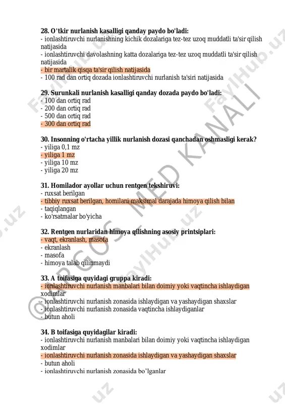- rentgen tekshiruvi turiga bog'liq - tekshiruvning yoshi va turiga bog'liq emas - bemorning jinsiga bog'liq 36. rentgen xona xodimlarini tibbiy ko'rikdan qaysi vaqtda o'tkazish kerak? - tibbiy sabablarga ko'ra - yiliga 1 marta - ikki yilda bir marta - olti oyda bir marta 37. xodimlarning xavfsizlik bo'yicha rejalashtirilgan instruktaj kamida necha marta o'tkazilishi kerak? - yiliga 1 marta - har chorakda bir marta - har 6 oyda bir marta - har oy 38. homilador ayollar ionlashtiruvchi nurlanish manbalari bilan ishlashdan qachon ozod qilinadi? - homiladorlikning ikkinchi yarmidan boshlab - homiladorlikning tibbiy tasdiqlanganidan keyin butun davr uchun - faqat floroskopiyadan ozod qilinadi - ozod qilish kerak emas 39. xodimlarning individual nurlanish dozimetrik nazorati qachon o'tkazilishi kerak: - davolash muassasasi ma'muriyatining qaroriga binoan - har chorakda bir marta doimiy nazorat bilan - har 6 oyda bir marta doimiy nazorat bilan - har 6 oyda 2 marta doimiy nazorat bilan 40. nurlanishga …
