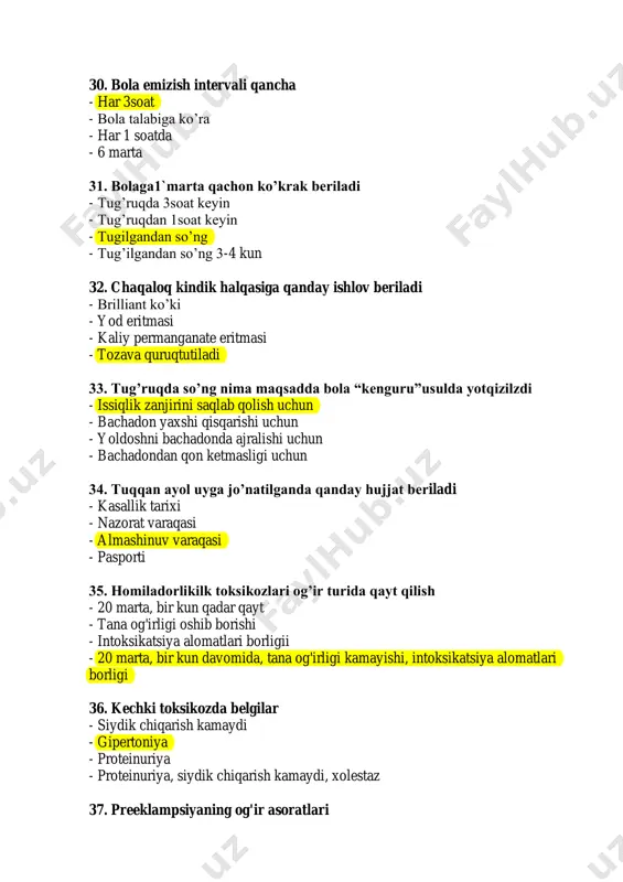 esishdan oldin 47. homiladorlar shishinima - homiladorlik bilan bog'liq suyuqlik ushlanib qolishi - shish homiladorlik ikkinchi yarmida homiladorlik bilan bog'liq - qon tomir o’tkazuvchanligining buzilishi - suyuqlik ushlanib qolishi, shish, qon tomir o’tkazuvchanligining buzilishi 48. nomilador nefropatiyasi nima - homiladorlik bilan bog'liq buyrak kasalligi - yurak kasalliklari homiladorlik bilan bog'liq - jigar kasalligi homiladorlik bilan bog'liq - o'pka kasalligi homiladorlik bilan bog'liq 49. homiladorlikda og’ir preeklampsiyani tashxis qilish uchun qaysi mezon qo’llaniladi - diastolik qon bosimi >110 mm protenuriya 300mg - sistolik qon bosimi >130mm protenuriya 300mg - dad 110 protenuriyasiz - sad 140 protenuriyasiz 50. muddatdan oldin tug’ilish xavfi bo’lganda qachon tokoliz tavsiya qilinadi - glyukokortikoidlar belgilash bilan 24-48 soat mobaynida - glyukokortikoidlar belgilash bilan 12soat - dard to’xtaguncha - dard to’xtamaguncha 51. yangi tug’ilgan chaqaloqlarning normal tana xarorati qancha acer marker acer marker acer marker acer marker acer marker acer marker acer marker - 36.0c -37.5c - 36.0c …