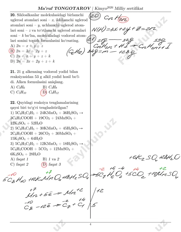 mod- dalarning formulalari berilgan. unga ko‘ra, sxemadagi b modda formulasini aniqlang. a → b → c → d a) c2h4o2 b) c2h5no2 c) c2h6o d) c2h3clo2 2+. nlold=b-0.125-1 icizllzzoutlchuoz7 1o +usgingi olg gv. x x chtov zsvon+1n/b eeing+no gdgeoivgnfgbutrsvvefrengo - legu-zt=vrdtble8=2 2=1 -zyadtoex -1 ec /o,(on, pgo00ason) -3-2000 -6000 a b c d c2h5-on 1sh,000n-cessoohe noncooh ( czhl6o) ( crhuo.) (sln,s q:) (s:65-110:) ma’ruf tongotarov | kimyo2026 milliy sertifikat 7 33 – 35-test topshiriqlariga mos keluvchi javob variantlarini (a – f) tanlang. a modda parchalanishidan olingan gazlar aralashmasi natriy gidroksid eritmasi- ga to‘la yuttirildi. hosil bo‘lgan eritmada nitrit va nitrat ionlari borligi aniqlan- di. parchalanishdan hosil bo‘lgan b qattiq modda va dastlabki a modda mol- yar massalari 8:9 nisbatda. b modda is gazi bilan qaytarilganda c metall hosil bo‘ldi. c va b moddalarning molyar massalari 7:20 nisbatda. 33. a moddaning molyar massasini (g/mol) aniqlang. 34. a modda parchalanishidan hosil bo‘lgan …