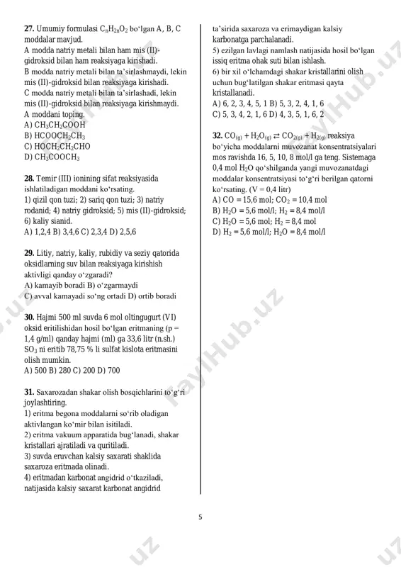 kidan yaxshiroq b) 1 mol qizil fosfor (n.sh.) da 22,4 litr hajmni egallaydi c) havoda vodorod va kislorod 4:1 hajmiy nisbatda bo‘ladi d) reaksiyaga kirishgan moddalar koeffitsiyenti bilan hosil bo‘lgan moddalar koeffitsiyenti teng 9. qaysi reaksiyada asosli oksid hosil bo‘ladi. a) li + o2 → b) zn + o2 → c) p + o2 → d) c + o2 → 10. polietilen (–ch2–ch2–)n molekulasidagi asosiy uglerod zanjiri uzunligi 308 nm ga teng bo‘lsa, polimerning molekulyar massasini aniqlang. 1 ta (c – c) = 0,154 nm. a) 56000 b) 28000 c) 2800 d) 5600 11. quyidagi qaysi modda bariy gidroksid eritmasiga qo‘shilganlar eritmaning elektr o‘tkazuvchanligi kamayadi. a) naoh b) na2o c) bacl2 d) agf 12. oksidlanish qaytarilish reaksiyalarida kmno4 suvli eritmasida bir moddani oksidladi. shu jarayonda marganesning oksidlanish darajasi necha birlikka o‘zgaradi. a) 2 b) 3 c) 5 d) 4 13. kislotali oksidlarni aniqlang. a) zno va mno2 4 b) fe3o4 …