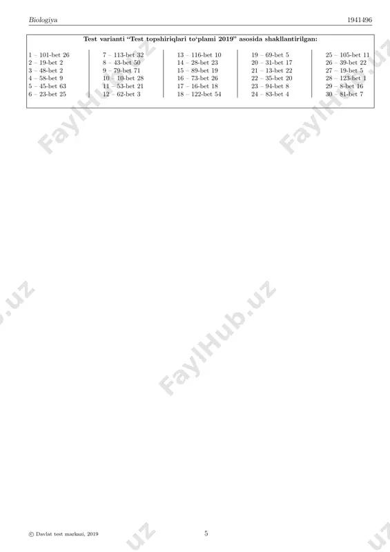 , 6 b) 4, 5, 6 c) 2, 3, 6 d) 2, 3, 5 22. postembrional rivojlanishi metamorfoz yo‘li bilan amalga oshuvchi xordalilar tipi vakillarini aniqlang. 1) tovusko‘z; 2) agama; 3) ko‘l baqasi; 4) trixogramma; 5) kvaksha baqasi; 6) suqsun; 7) assidiya; 8) gavial. a) 2, 5 b) 6, 8 c) 1, 4 d) 3, 7 23. markaziy nerv sistemasining quyidagi qismlarida qanday nerv markazlari joylashgan? a) uzunchoq miya; b) gipotalamus; c) o‘rta miya; d) miya ko‘prigi; 1) uchlik nerv markazi; 2) po‘stloqosti ko‘rish markazi; 3) yuz muskullarini harakatlantiruvchi nerv markazi; 4) nafas olish nerv markazi; 5) ko‘z soqqasini harakatlantiruvchi nerv markazi; 6) po‘stloqosti eshitish markazi; 7) gipofizni boshqaruvchi nerv markazi; 8) ovqat hazm qilishning nerv markazi. a) a - 2; b - 3; c - 1; d - 6 b) a - 7; b - 2; c - 3; d - 8 c) a - 4; b - 7; …
