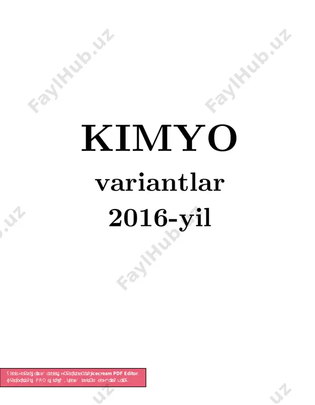 kibidagi σ-bog‘lar aniqlashda qaysi formulani qo‘llash mumkin? a) 3n – 4 b) 5n – 2 c) 6n d) 3n + 2 3. noma’lum i valentli metall sulfidi tarkibidagi elektronlar nisbati 2:1 bo‘lsa, metallni aniqlang. a) na b) cs c) k d) li 4. a(g)+b(g) ↔ 2c (g) sistemada boshlang‘ich moddalar 5 mol/l olingan. ushbu sistemada kimyoviy muvozanat (km = 4) qaror topgandan so‘ng moddalarning konsentratsiyalari (mol/l) yig‘indisini toping. a) 9 b) 10 c) 7,5 d) 5 5. 400 g x%li koh eritmasi bilan 600 g y%li lioh eritmalari aralashtirildi. agar hosli bo‘lgan eritmadagi ishqorlarning massa ulush yig‘indisi 0,18 ga teng bo‘lsa, x va y larni (%) toping.(y–x = 6) a) 14; 20 b) 10; 16 c) 16; 22 d) 14,4; 20,4 6. alkan va unga nisbatan stexiometrik miqdorda olingan xlor aralashmasi reaksiyaga kirishganda alkil xlorid va hcl 1:5 mol nisbatda hosil bo‘ladi? alkil xloridning molekulyar massasi xlorid kislotaning molekulyar massasidan …