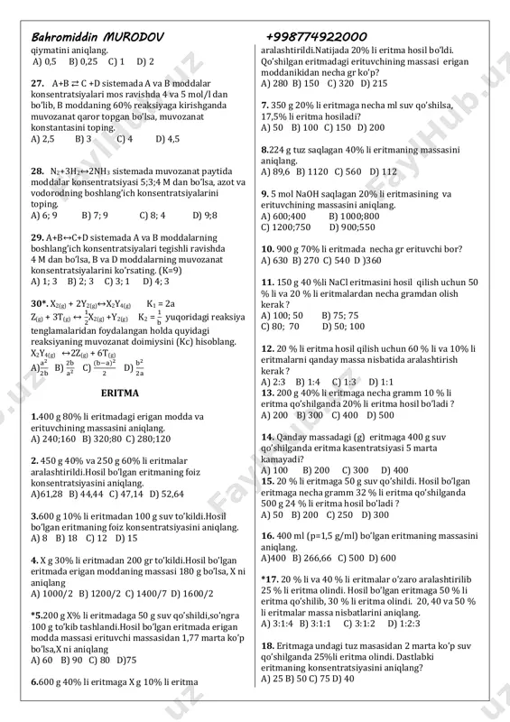1) 2so2(g)+ o2(g) ↔ 2so3(g) +q; 2) fe2o3(q)+ 3co(g)↔ 2fe(q) + 3co2(g); 3) n2o4(g) ↔ 2no2(g). a) 1-chapga; 2-o‘zgarmaydi; 3-o‘ngga siljiydi b) 1-o‘ngga; 2,3-chapga siljiydi c) 1-siljimaydi; 2-o‘ngga; 3-chapga siljiydi d) 1,2-chapga; 3-siljimaydi 6. quyidagi muvozanatda turgan sistemani qanday omillar ta’siri chap tomonga siljita oladi? 2so2 + o2(g) 2so3(g) + q 1. hajmni kamaytirish 2. temperaturani orttirish 3. hajmni orttirish 4. temperaturani kamaytirish 5. kislorod konsentrasiyasini orttirish 6. oltingugurt(iv) oksid konsentrasiyasini kamaytirish a) 1 va 2 b) 2,3,6 c) 3 va 4 d) 5 va 6 7. quyidagi 2ch4 ↔c2h2 + 3h2 -q reaksiyada temperatura va bosim oshirilsa, muvozanat qaysi tomonga siljiydi? a) temperatura o‘ngga, bosim chapga b) temperatura o‘ngga, bosim o‘ngga c) temperatura chapga, bosim o‘ngga d) temperatura chapga, bosim chapga 8. reaksiyalarning qaysi birida bosim o’zgarishi muvozanatning siljishiga ta’sir ko’rsatmaydi? a) h2(g) + s(g) ⇆ h2s(g) b) n2(g) + o2(g) ⇆ 2no2 c) 2no(g) + cl2(g) ⇆ 2nocl(g) …