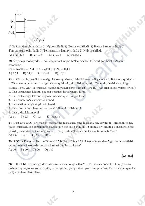 lang. (k=2,25) a) 2 b) 2,5 c) 3 d) 4 35. 1500 g 0,343%li sulfat kislota eritmasi orqali 25 a tok 30880 sekund davomida o‘tkazilganda hosil bo‘lgan eritmada ph=1, zichlik qanday bo‘ladi ? a) 1,2 b) 1,25 c) 1,36 d) 1,4 qisqa javob talab qiladigan savollar 36.(8 ball) noma’lum a moddaning to‘liq yonishi natijasida qattiq b modda va nam lakmus qog‘ozini qizil rangga bo‘yaydigan c gaz ajralib chiqdi. hosil bo‘lgan c gaz havoga nisbatan zichligi 1,17 bo‘lgan d gaz bilan reaksiyaga kirishganda, sariq rangli e cho‘kma tushdi va suv bug‘lari hosil bo‘ldi. hosil bo‘lgan e cho‘kma qizdirilgan natriy metali bilan ta’sirlashganda f tuz olindi. ushbu tuzni suvda eritib, xlorid kislota eritmasi bilan ta’sirlashtirilganda nacl tuzi va nordon g tuz olindi. so‘ngra hosil bo‘lgan g tuzga ortiqcha miqdorda xlorid kislota eritmasi quyilganda, yana nacl tuzi va c gaz hosil bo‘ldi. agar ushbu gaz qizil rangli metall oksidi bilan qizdirilib reaksiyaga kirishganda …