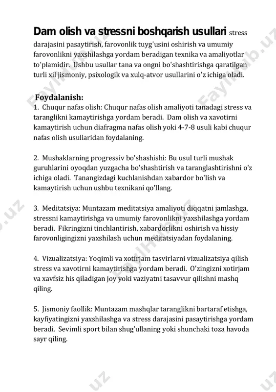 dlaringizni belgilang va ularga erishish uchun harakat rejasini ishlab chiqing. 2. o‘rganish va rivojlanish: etakchilik nazariyalari va amaliyotlarini o‘rganing, ularni amalda qo‘llang va doimiy ravishda o‘z mahoratingizni oshiring. 3. o‘z-o‘zini tahlil qilish: rahbar sifatida kuchli va zaif tomonlaringizni baholang, malaka oshirish va yangilarini rivojlantirish ustida ishlang. 4. haqiqiy hayot amaliyoti: o'z bilim va ko'nikmalaringizni haqiqiy etakchilik vaziyatlarida qo'llang, fikr-mulohaza oling va xatolaringizdan saboq oling. 5. mentorlik va qo‘llab-quvvatlash: sizni yetakchi sifatida rivojlanishida qo‘llab-quvvatlay oladigan va qiyinchiliklarni yengib o‘tishga yordam beradigan ustoz va murabbiylarni qidiring. o'z-o'zini hurmat qilish va ishonchni rivojlantirish shaxsiy va professional muvaffaqiyatga erishishning kalitidir. ushbu psixologik jihatlar biz o'zimizni va qobiliyatimizni qanday ko'rishimizni, shuningdek, o'z qadr-qimmatimiz va qadr-qimmatimizga bo'lgan munosabatimizni belgilaydi. o'ziga bo'lgan ishonch sizga to'siqlarni engib o'tishga, maqsadlaringizga erishishga va o'z salohiyatingizni ro'yobga chiqarishga imkon beradi. foydalanish: 1. ijobiy fikrlash: kuchli va yutuqlaringizni tan oling, diqqatingizni o‘zingiz va hayotingizning ijobiy tomonlariga qarating. sizda bor va erishgan hamma …