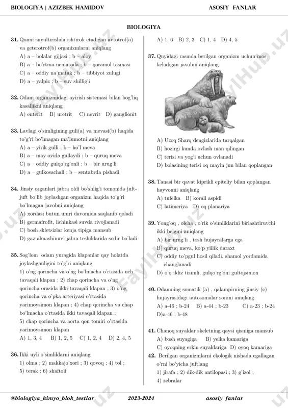 ida oqsilning miqdori 230 gr, yog’ning miqdori esa 50 gr , qolgan mahsulotlar: 1 gr mineral tuz : 200 gr uglevod ; 300 ml suv anvar ozuqadan umumiy qancha energiya oladi a) 1408 kkal b) 2228 kkal c) 4048 kkal d) 3200 kkal 44. ko’krak qafasi rivojlanmagan, kloakali organizmlarni aniqlang 1) minago ; 2) sterlyad ; 3) ko’lbuqa ; 4) sariq ilon ; 5) kvaksha ; 6) povituxa ; 7) los a) 1, 2 b) 5, 6 c) 1, 5, 6 d) 4, 3, 7 45. chang donasi urug’chi tumshuqchasiga tushmaydigan o’simliklarni aniqlang 1) kamxastak ; 2) ginko biloba ; 3) sekvoya ; 4) kampirchopon ; 5) funariya ; 6) sorgo a) 1, 6 b) 2, 6 c) 2, 3 d) 3, 6 46. lishayniklar hujayrasi tarkibidagi uglevod(a), yog`(b) va oqsil(c) moddalarni aniqlang 1) lixenin ; 2)fermentlar ; 3) c vitamini ; 4) xitin; 5)saxaroza ; 6)amilaza ; 7) b12 …