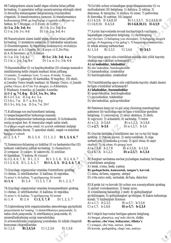 o'xshashligi d) biomolekulalar yadro va sitoplazmada turlicha bo'lishi 27.lansetnik embrionidagi blastomerlar 64 taga yetishi uchun hujayralar necha marta meridianal va ekvatorial bo’linishi kerak? a) 4 va 2 b) 4 va 3 c) 5 va 3 d) 2 va 1 28.lansetnik embrionidagi blastomerlar 128 taga yetishi uchun hujayralar necha marta meridianal va ekvatorial bo’linishi kerak? a) 4 va 2 b) 4 va 3 c) 5 va 3 d) 2 va 1 29.lansetnik embrionidagi blastomerlar 256 taga yetishi uchun hujayralar necha marta meridianal va ekvatorial bo’linishi kerak? a) 4 va 2 b) 4 va 3 c) 5 va 3 d) 2 va 1 30.lansetnik embrionidagi blastomerlar 8 taga yetishi uchun hujayralar necha marta meridianal va ekvatorial bo’linishi kerak? a) 4 va 2 b) 4 va 3 c) 5 va 3 d) 2 va 1 31.halokatlar nazariyasi muallifi kim? a) j. kyuve b) f. redi c) j. lamark d) k. ber 32.odamlarda kichik …