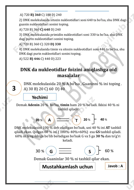 430 dnk molekulasidagi vodorod bog’lar sonini topishga oid dnk da 200 ta guanin va 100 ta adenin bo’lsa , g va s hamda a va t o’rtasida nechta vodorod bog’ bo’ladi ? a) 600 va 200 b) 100 va 400 c) 400 va 200 d) 2000 va 800 7 t a g javob : a mustahkamlash uchun : yechimi s formulalar : a x 2 = h bog’ soni ( at orasidagi) t x 2 = h bog’ soni ( at orasidagi) g x 3 = h bog’ soni ( gs orasidagi) s x 3 = h bog’ soni ( gs orasidagi) shart bo’yicha 200 ta guanin va 100 ta adenin bor ekan. yuqoridagi formulalar orqali h bog’lar sonini topamiz. 200g x 3 = 600 ta h bog’ (gs orasidagi) 100a x 2 = 200 ta h bog’ (at orasidagi) demak g va s orasidagi h bog’lar soni 600 tani, …