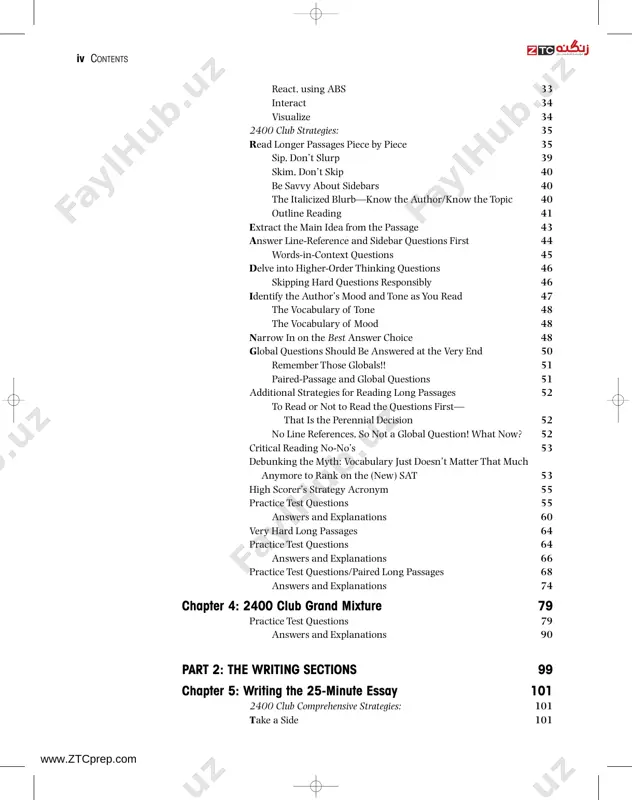 agraphs very carefully 126 identify, first, all verbs and pronouns that are underlined 126 pay close attention to the nonunderlined portions of sentences and paragraphs 127 select “no error” approximately 15–20 percent of the time 127 hierarchy of grammar glitches 128 verb errors 128 pronoun errors 131 faulty idioms 133 lack of parallelism 135 diction errors 136 misplaced modifiers 138 adjective versus adverb errors 139 plural–singular inconsistency 140 redundancy and wordiness (relatives of flabby phrasing) 140 faulty comparisons 141 run-ons (comma splices) and fragments 144 chapter 7: improving sentences 147 2400 club strategies: the 4cs of improving sentences 147 correctness 148 clarity 148 conciseness 148 colloquialisms 149 be alert to introductory phrases 149 be a grammar guru—know your mantras 150 follow through 150 practice test questions 150 answers and explanations 155 contents v www.ztcprep.com chapter 8: identifying sentence errors 157 the overpreparation method: find the error, name the error, fix …
