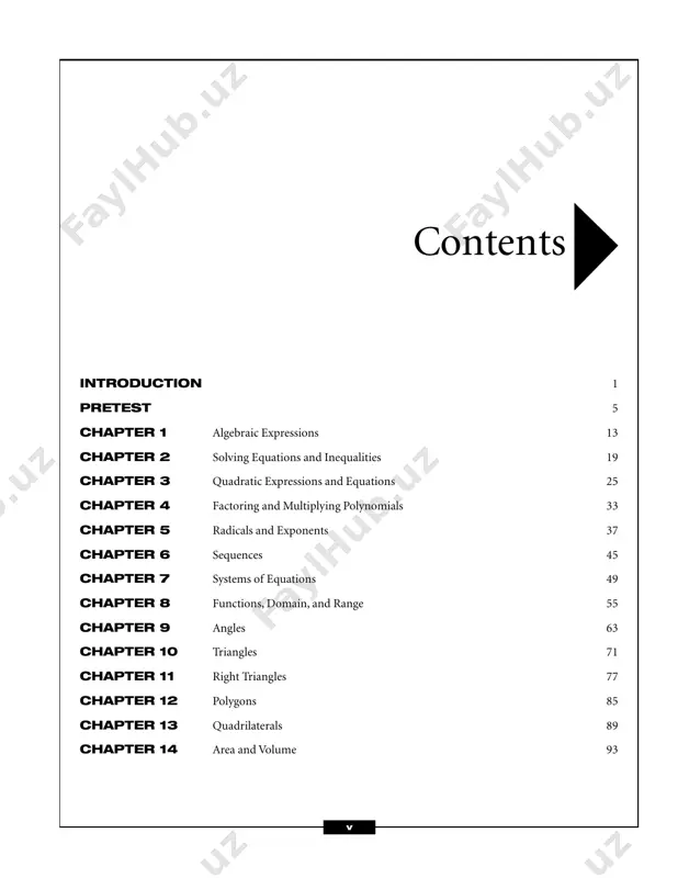 you need to learn. the pretest will answer some of these questions for you. the pretest consists of 25 questions that cover the topics in this book, of which 15 are the multiple-choice questions and 10 are the grid- ins. for the grid-ins, you come up with the answer yourself instead of choosing from a list of possible answers. while 25 questions can’t cover every concept, skill, or shortcut taught in this book, your performance on the pretest will give you a good indication of your strengths and weaknesses. keep in mind the pretest does not test all the skills taught in this book, but it will tell you the degree of effort you will need to put forth to accomplish your goal of learning algebra and geometry. if you score high on the pretest, you have a good foundation and should be able to work your way through the …