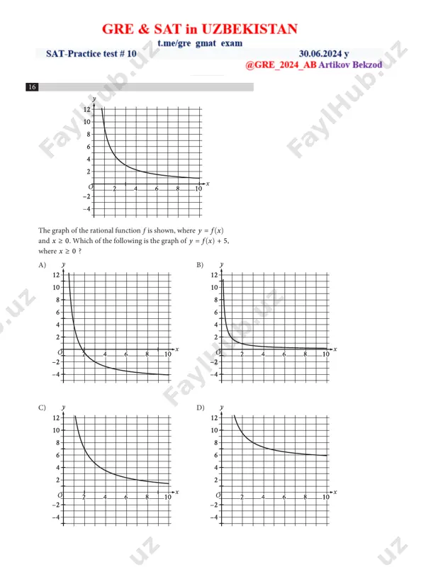 ................................................................................................................. the function f is defined by f �x� = 4x − 3. what is the value of f �10� ? a) −30 b) 37 c) 40 d) 43 a veterinarian recommends that each day a certain rabbit should eat 25 calories per pound of the rabbit’s weight, plus an additional 11 calories. which equation represents this situation, where c is the total number of calories the veterinarian recommends the rabbit should eat each day if the rabbit’s weight is x pounds? a) c = 25x b) c = 36x c) c = 11x + 25 d) c = 25x + 11 - 23 - - - - - - - - ~ what is 20% of 440? a) 44 b) 88 c) 880 d) 1,760 - 24 - - - - - - - - ~ argon is placed inside a container with a constant volume. the graph shows …