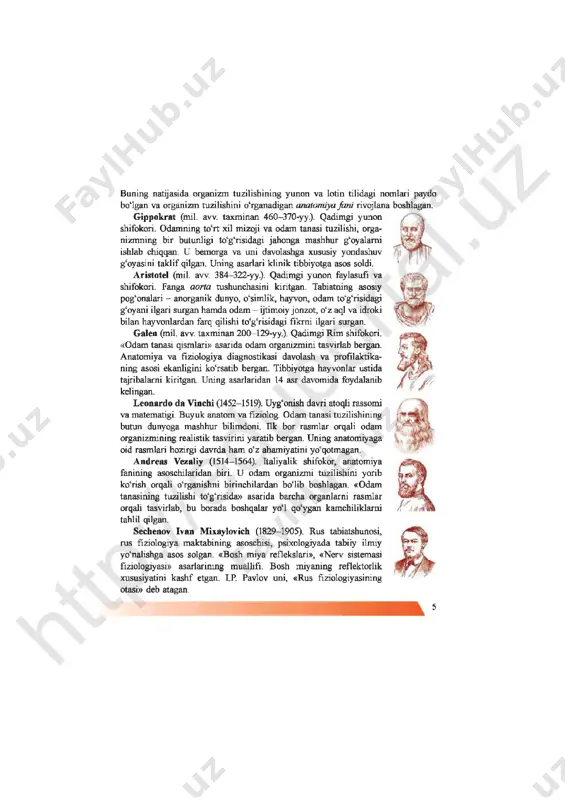 ganishni birinchilardan bo‘lib boshlagan. «odam tanasining tuzilishi to‘g‘risida» asarida barcha organlarni rasmlar orqali tasvirlab, bu borada boshqalax yo‘l qo'ygan kamchiliklarni tahlil qilgan. sechenov ivan mixaylovich (1829-1905). rus tabiatshunosi, rus fiziologiya maktabining asoschisi, psixologiyada tabiiy ilmiy yo‘nalishga asos solgan. «bosh miya reflekslari», «nerv sistemasi fiziologiyasi» asarlarining muallifi. bosh miyaning reflektorlik xususiyatini kashf etgan. ip. pavlov uni, «rus fiziologiyasining otasi» deb atagan. mechnikov ilya ilich (1845—1916). biologjyaning bir qancha yo‘nalishlari, jumladan, mikrobiologiya va immunologiya sohalariga asos solgan atoqli rus olimi. orgamzmning kasalliklarga chidamliligi xususiyatlarini ochib bergan. u immunitetning fagotsitar nazariyasini yaratgan. gerontologiya (odamning umrini uzaytirish)ga oid ishlari uchun nobel mukofotiga sazovor bo'lgan. pavlov ivan petrovich (1849-1936). fiziologiya sohasida dunyo- ga mashhur atoqli rus olimi, nobel mukofoti laureati. ovqat hazm qilish fiziologiyasi, qon aylanish, odam va hayvonlarning nerv siste- masiga oid yirik asarlari uni dunyoga tanitgan. i.p. pavlov shartli reflekslarning tormozlanishi to‘g‘risidagi ta’limotni yaratgan. tibbiyot fanlarining rivojlanishiga hissa qo'shgan vatandoshlarimiz. tib- biyot fanlari …