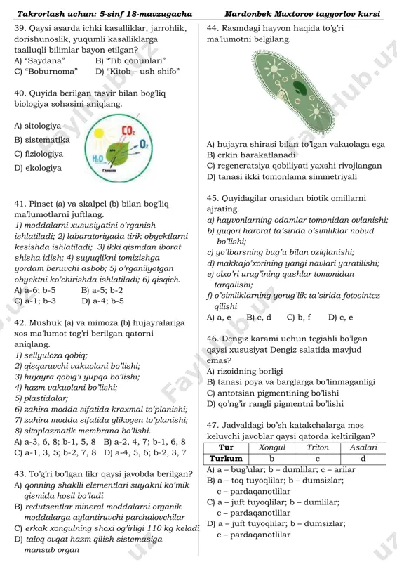 tayyorlov kursi 29. quyidagi rasmda jami nechta sovuqqonli konsument ifodalangan? a) 5 ta b) 6 ta c) 7 ta d) 8 ta 30. biotik (i) va abiotik (ii) ekologik omillarni o’ziga tegishli tushunchalari bilan juftlang. 1) harorat; 2) mikroorganizm; 3) yorug’lik; 4) o’simlik; 5) namlik; 6) hayvon a) i-2, 5, 6; ii-1, 3, 4 b) i-2, 4, 6; ii-1, 3, 5 c) i-2, 3, 5; ii-1, 4, 6 d) i-1, 3, 4; ii-2, 5, 6 31. tana harorati doimiyligini saqlash, qon aylanish sistemasi yopiqligi va ikkita doiradan iborat bo’lishi, yuragini 4 kamerali bo’lishi kabi xususiyatlarga ega organizmlar guruhi keltirilgan qatorni toping. a) ot, yo’rg’a tuvaloq, ilon b) yo’lbars, qilquyruq, kaptar c) tovus, xongul, kiyik d) burgut, oq laylak, timsoh 32. to’g’ri bo’lmagan fikrni aniqlang. a) kanakunjut - 2-3 m keladigan ko’p yillik o’t b) bangidevonani urug’i mayda, qoramtir rangli c) mingdevonani guli oqish sariq rangda d) zaharli ayiqtovon uzunligi 10-45 …