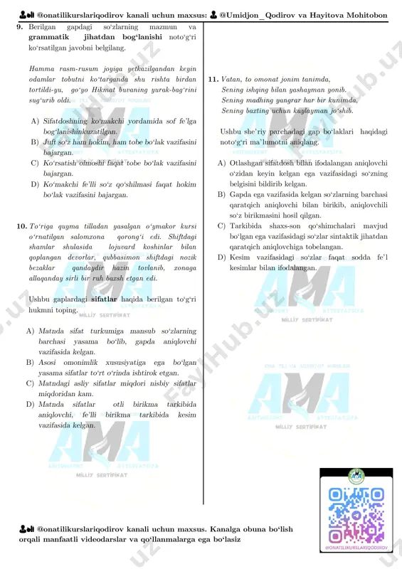‘idagi qichqirig‘i edi, ammo bill qayrilib ham qaramadi. ketib qolgan sherigining orqasidan uzoq vaqt qarab turdi: sherigi lapanglab, oqsoqlanib, qoqinib-suqilib, tepalikda ko‘ringan egri-bugri chiziqlar tomon asta- sekin ko‘tarilib borardi. bill to tepalikni oshib, ko‘zdan g‘oyib bo‘lguncha, sherigi orqasidan qarab turdi. shundan keyin u tarafdan ko‘zini uzdi-da, bill ketgandan keyin yolg‘iz o‘zi qolgan yerni bir-bir ko‘zdan kechirib chiqdi. a) insonning tabiat oldidagi ojizligi tasvirlangan. b) do‘stlik va sadoqatning kuchi ulug‘langan. c) qiyin vaziyatda insoniylik sinovdan o‘tishi ifodalangan. d) tabiatning shafqatsizligi tanqid qilingan. 14. “demokratiya shunqori” asaridan olingan quyidagi parchada ifodalangan mazmunni aniqlang. masalan: besh kishi bir kishini o‘ldirishi mumkin, bunga ishonsa bo‘ladi. ammo bir kishi beshtasini o‘ldirsa-yu, keyin murdalarni bir boshdan yeya boshlasa, bu noyob xabar hisoblanadi. a) gazetalarda jinoyat voqealarining ko‘paygani ifodalangan. b) oavning haqiqatdan ko‘ra sensatsion voqealarni afzal ko‘rishi tanqid qilingan. c) jamiyatda vahshiylik kuchaygani tasvirlangan. d) jinoyatchilikka qarshi kurash kuchaygani tasvirlangan. 1. -to‘g‘ri, o‘sha tobda muhayyoxondanboshqa hech narsani …
