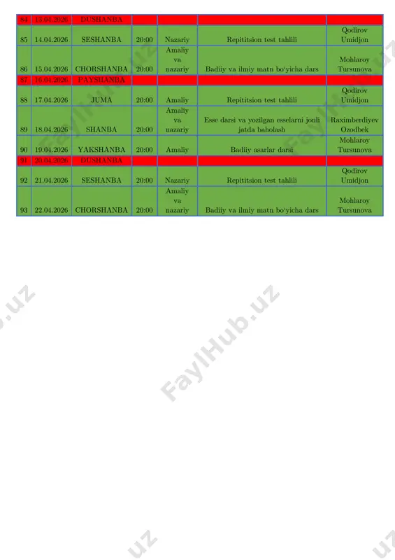 rsi va yozilgan esselarni jonli jatda baholash raximberdiyev ozodbek 90 19.04.2026 yakshanba 20:00 amaliy badiiy asarlar darsi mohlaroy tursunova 91 20.04.2026 dushanba 92 21.04.2026 seshanba 20:00 nazariy repititsion test tahlili qodirov umidjon 93 22.04.2026 chorshanba 20:00 amaliy va nazariy badiiy va ilmiy matn bo‘yicha dars mohlaroy tursunova