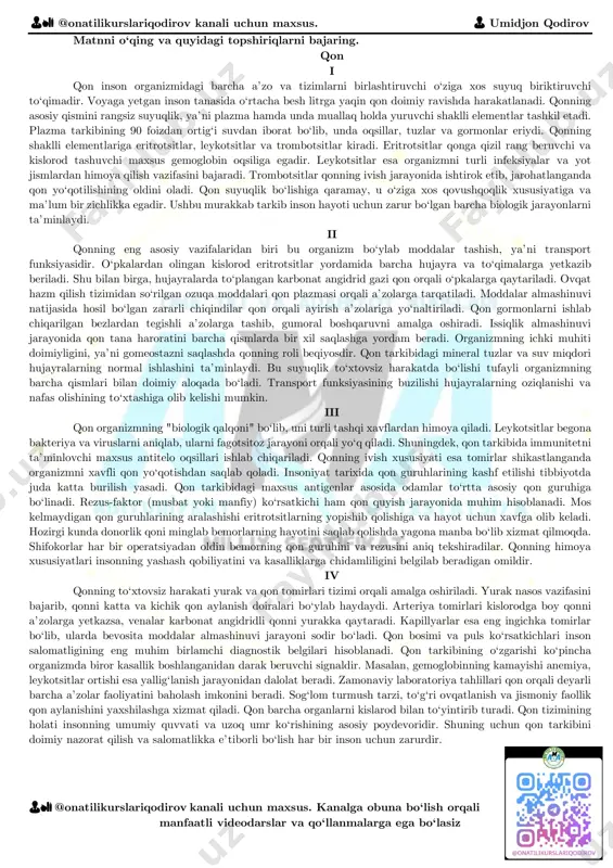 alki millatning or-nomus mezoni sifatida talqin etadi d) zulfiqor polvonning nevarasidan umid qilishi aslida uning o‘z mag‘lubiyatini tan olmasligidan va o‘zganing g‘alabasi bilan o‘zini ovutishga bo‘lgan ojizona harakatidan boshqa narsa emas. 👨🏫 @onatilikurslariqodirov kanali uchun maxsus. 👨 umidjon qodirov 👨🏫 @onatilikurslariqodirov kanali uchun maxsus. kanalga obuna bo‘lish orqali manfaatli videodarslar va qo‘llanmalarga ega bo‘lasiz 16. “ot egasi” hikoyasida inodning o‘z oti (qorabayir)ga bo‘lgan munosabati haqidagi eng to‘g‘ri hukmni aniqlang. a) inod uchun qorabayir shunchaki xo‘jalikda xizmat qiladigan, ko‘pkarilarda unga shon-sharaf keltiradigan moddiy boylik bo‘lib, u otini otasidan qolgan meros bo‘lgani uchun qadrlaydi. b) inod otni o‘z oila a’zolarining o‘limiga sababchi deb bilsa-da, uning ko‘pkarilardagi mahorati va sadoqati tufayli bu aybini kechiradi va uni parvarishlashda davom etadi. c) inod qorabayirni o‘z hayotining uzviy qismi, otasidan qolgan tirik xotira va ma’naviy suyanch deb biladi; u otda o‘zligini va o‘tgan yaqinlarining ruhini ko‘radi, shuning uchun ham uning fojiasini o‘z fojiasi kabi qabul qiladi. …