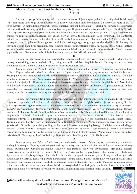 rasanmi? – ha! 3. kundoshlarning eng kichigi – bu dargohga tushganiga besh oygina bo‘lgan kelinchak – ganjiravonlik unsinoy chilim solib tutdi. 4. "men bu mehmonni kuzatib borayotirman", – dedi kampir. 5. goho boshingni devorga urging keladi – shoyad biror yangilik ro‘y bersa!.. 6. endi sen chorlasang, toki tanda jon, labbay deyajakman, vatan – onajon. 👨🏫 @onatilikurslariqodirov kanali uchun maxsus. 👨 @umidjon_qodirov 👨🏫 @onatilikurslariqodirov kanali uchun maxsus. kanalga obuna bo‘lish orqali manfaatli videodarslar va qo‘llanmalarga ega bo‘lasiz 15. “hayotga muhabbat” hikoyasidan olingan ushbu parchani o‘qing: bo‘rini bo‘g‘ib o‘ldirish uchun uning kuchi yetmas, shunda odam tishi bilan bo‘rining tomog‘iga yopishdi, uning og‘zi yungga to‘ldi. yarim soat o‘tdi, odam o‘z tomog‘iga issiq qon quyilayotganini sezdi. xuddi uning og‘ziga eritilgan qo‘rg‘oshin quyilayotgandek, uni yutish bir azob edi. lekin u o‘zini chidashga majbur qildi. keyin odam chalqanchasiga ag‘darildi-da, uyquga ketdi. ushbu parchada insonning o‘lim arafasidagi bo‘ri ustidan qozongan g‘alabasi orqali muallif qaysi g‘oyani ilgari surgan? …