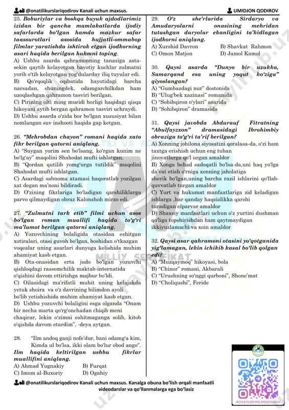 etadi va odamlarni bir-biriga yaqinlashtirishga, bir-birini qo‘llab- quvvatlab hayot kechirishga zamin tug‘diradi. qaysi qatorda ushbu gapdagi mazmun va grammatik bog‘lanishlar to‘g‘ri berilgan? a) jamoa bo‘lib yashash, kasb etadi b) sharq olamida yashash, bir-birini qo‘llab- quvvatlamoq c) yashash tuyg‘usi, yaqinlashtirishga hayot kechirish d) hayot kechirishga zamin tug‘diradi, yashash kasb etadi 18. qaysi gapda aniqlanmish vositali to‘ldiruvchi vazifasini bajargan? a) davraning to‘rida o‘tirgan otaxon ikkita qant uzatdi. b) boshliq bu xayrli tadqiqot haqida gapirdi c) qiz chiroyli shohi dastro‘molini oldi. d) hisobchilar o‘tgan yilgi daromatni hisoblab chiqishdi. 19. qaysi gapda asosi turli so‘z turkumi doirasida omonim bo‘la oladigan vositasiz nomustaqil to‘ldiruvchi qatnashgan? a) mening ushbu she’rim sen uchun shoyad do‘stlaring nomidan yo‘qlov bo‘lolsa. b) kimdir ko‘rmay ketgan baxtni men ko‘rdim... c) sunbul sochlaringni yaratgan chog‘da za’faron shafaqqa bo‘yab oldi u. d) falakning bu ajib o‘yiniga boq: o‘lmas deb turibman endi nomingni! 20. shirinsuxanlik shunday boylikki, u senga obro‘ keltiradi. ushbu gap haqida …