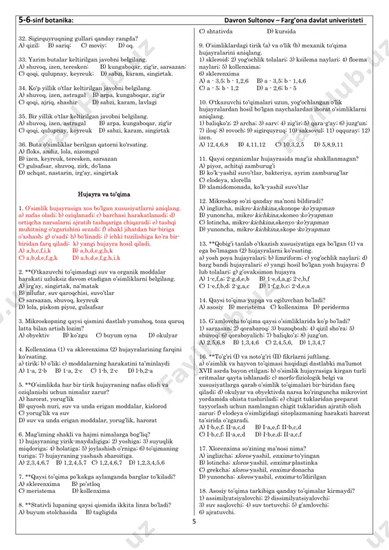 ming yil yashashi mumkin bo’lgan daraxtlar eng ko’p berilgan qatorni belgilang. a) baobab, sarv b) sarv, archa c) archa d) baobab, sarv, archa, kashtan 2. to’g’ri fikrni aniqlang. a) bir turga mansub bo'lgan va tog'larning shimoliy yonbag'irlarida o'sadigan daraxtlar janubiy yonbag'irlarida o'sadigan daraxtlardan shox- shabbasining ko'pligi, kengligi va balandligi bilan farq qiladi b) har xil turga mansub bo'lgan va tog'larning shimoliy yonbag'irlarida o'sadigan daraxtlar janubiy yonbag'irlarida o'sadigan daraxtlardan shox- shabbasining ko'pligi, kengligi va balandligi bilan farq qiladi c) bir turga mansub bo'lgan va tog'larning janubiy yonbag'irlarida o'sadigan daraxtlar shimoliy yonbag'irlarida o'sadigan daraxtlardan shox- shabbasining ko'pligi, kengligi va balandligi bilan farq qiladi d) har xil turga mansub bo'lgan va tog'larning janubiy yonbag'irlarida o'sadigan daraxtlar shimoliy yonbag'irlarida o'sadigan daraxtlardan shox- shabbasining ko'pligi, kengligi va balandligi bilan farq qiladi 3. qaysi qatorda madaniy buta(lar) keltirilmagan? a) anor, limon b) ligustrum, qoraqat c) nastarin, anor d) bodomcha, qoraqat 4. barglari ancha barvaqt to’kiladigan o’simliklar? …