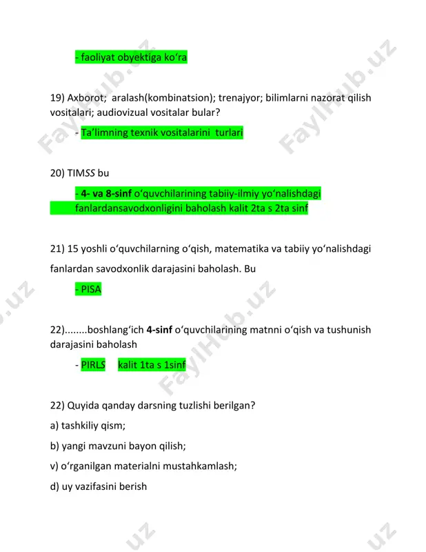 , radio,kompyuter kabi obyektiv omillar subyektiv (o’qituvchi nutqi, namunasi, muayyan shaxs xayoti, faoliyatiga oid misollar 39) o'qituvchining pedagogik jarayonda sog'lom muhitni yarata olishi, o'quvchilar va ta'lim jarayonining boshqa ishtirokchilari bilan ijobiy muloqotni tashkil etishi, turli ziddiyatlarni o'z vaqtida anglay olishi va bartaraf etishi qaysi kasbiy kompetensiyada namoyon bo'ladi? psixologik 40) o'qituvchi o'quvchilarga yangi mavzuni ma'ruza tarzida tushuntirib berdi. dars davomida o'qituvchi faol bo'lib, o'quvchilarga qaratilgan nutq so'zladi. bunda o'qituvchi faoliyatida kuzatiladigan nutqning qanday shakli namoyon bo'ldi. monolog 41) ta'lim samaradorligini oshirish uchun o'qituvchi darsda ko'rgazmali qurollardan foydalanishni rejalashtirdi. qo'l ostida ko'rgazmali va tarqatma materiallar juda ko - dars mavzusiga mos keladigan namoyish va tarqatma materiallar 42) yosh mutaxassis hamkasbining tajribasini o'rganish va ta'lim jarayonini tahlil qilish maqsadida uning darsini kuzatdi. dars davomida hamkasbi mavzuni oddiydan murakkabga tomon tushuntirgani, barcha berilayotgan mavzular ilmiyligi, yangi axborotning hayotiyligini qayd qilib o'tdi. yosh mutaxassis qanday dars tahlili usulidan foydalandi? - didaktik tahlil 43) yosh …