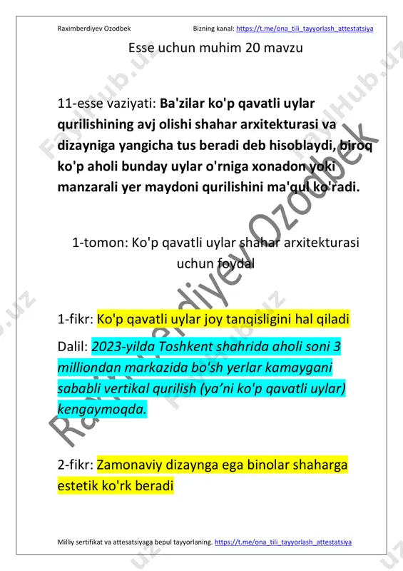 rish loyihalariga koʻra, aholining 60 foizi hali shartnoma va reklama shartlariga e'tibor bermasligini tan olgan. bu esa ta'lim bilan hal etilishi mumkin, cheklov bilan emas. 3-fikr: cheklovlar soha rivojini sekinlashtiradi dalil: 2022-yilgi ma'lumotlarga koʻra, internet reklamalaridan tushadigan daromad 220 mlrd so'mga yaqinlashgan. cheklovlar bu ko'rsatkichga salbiy ta'sir ko'rsatishi mumkin. https://t.me/ona_tili_tayyorlash_attestatsiya https://t.me/ona_tili_tayyorlash_attestatsiya raximberdiyev ozodbek bizning kanal: https://t.me/ona_tili_tayyorlash_attestatsiya milliy sertifikat va attesatsiyaga bepul tayyorlaning. https://t.me/ona_tili_tayyorlash_attestatsiya esse uchun muhim 20 mavzu 13-esse vaziyati: ayrimlar chet tilini o'rganish madaniylikning bir belgisi deb bilsalar, ba'zilar tilni bilish insonning moddiy hayotini ta'minlaydi deyishadi. 1-tomon: chet tilini bilish - madaniylik belgisi 1-fikr: tilni bilgan inson boshqa millat madaniyatini boʻladi tushunishga yaqin dalil: 2023-yil "madaniyat va san'at" instituti oʻtkazgan tadqiqotga koʻra, chet tilini bilgan yoshlarning 67 foizida boshqa xalqlar an'analariga nisbatan bag'rikengligi yuqori boʻlgan. 2-fikr: tilni oʻrganish intellektual salohiyatni oshiradi dalil: psixologlar fikricha, ikki yoki undan ortiq til biluvchi shaxslarning analitik tafakkuri, muammoni hal qilish qobiliyati buni toshkentdagi …