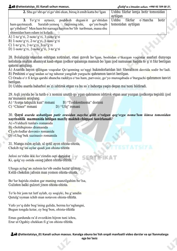 dagi birliklar faqat so'zlashuv uslubiga xos? a) ovoz bermoq, tasdiqladi, dardiga darmon bo‘ldi b) valdiramoq, jilvalanmoq, vujudga kelmoq c) masxaralamoq, kuyunmoq, so‘zga chiqmoq d) ming'irlamoq, gap otmoq, maza qilmoq 23. qaysi gapda taqlid so‘z qo‘shma fe’lning tarkibiy qismi bo‘lib kelgan? a) yalt-yult etib chaqmoq chaqdi. b) bir tomonda gulxan chars- churs yonadi. 👨🏫 @attestatsiya_01 kanali uchun maxsus. taklif va e’tirozlar uchun: +998 93 709 02 31, 👨🏫 @attestatsiya_01 kanali uchun maxsus. kanalga obuna bo`lish orqali manfaatli video darslar va qo`llanmalarga ega bo`lasiz c) osmonda yulduzlar g‘uj-g‘uj. d) bay-bay, zap choy bo‘libdi-da! 24. “nahv” so‘zining ma’nosini toping. a) o‘qimagan, savodsiz kishi b) daf qilish c) tilning sintaktik qurilishi haqidagfi soha d) naf bermoq, foydali 25. iboralar va ularning mazmunini moslashtiring. moslashtiring: 1. esi chiqib ketmoq 2. esi ketmoq 3. jon kuydirmoq 4. yuzi shuvut bo‘lmoq 5. yuzidan o`ta olmaslik 6. yuziga oyoq qo‘ymoq a) qiynalib holsizlanmoq b) xayoli biror narsa haqidagi …