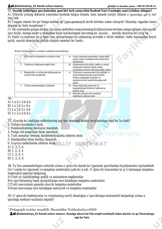 3 tasida d) 2 tasida 22. kechagina yuzini o`girib olgan bu sitamkor baxt madumar oilasiga bugun yana to`lib-toshib, quchoq ochib kelgan edi. gapda atash ma`nosiga ega, lekin ismlar guruhiga kirmaydigan, sintaktik munosabat qo`shimchalarini qabul qilish xususiyatiga ega bo`lmagan so`zlar soni nechta? a) 1 ta b) 2 ta c) 3 ta d) 4 ta 23. yasama holat ravishdoshli birikma... a) yaqinlashgach aynimoq b) egallagani qaytmoq c) qarsillab urilmoq d) yiqilgancha ho`ngramoq 👨🏫 @attestatsiya_01 kanali uchun maxsus. taklif va e’tirozlar uchun: +998 93 709 02 31, 👨🏫 @attestatsiya_01 kanali uchun maxsus. kanalga obuna bo`lish orqali manfaatli video darslar va qo`llanmalarga ega bo`lasiz 24. vatan - ruhimda uyg`ongan ism, ruhim - vatanda gullagan chechak. ushbu gapda qo`llangan tinish belgilari haqidagi to`g`ri hukmni belgilang. a) bog`lovchisiz qo`shma gap tarkibidagi ikkinchi gap birinchi gapni izohlagani uchun vergul qo`yilgan. b) bog`lamasiz ot kesim qo`llangani uchun egadan keyin tire qo`yilgan. c) bog`lovchisiz qo`shma gapda zidlash munosabati bo`lgani …