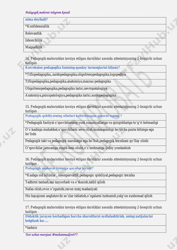 kamchiliklari to'ldiriladi va o'rganilayotgan yangi mavzuni muhim g'oyalari ochib beriladi? *o’rganilganlarni umumlashtirish va tizimlashtirish bilimlarni tekshirish darsi ko’nikma va malakalarni ishlab chiqish bilimlarni mustahkamlash darsi 24. pedagogik mahoratdan tavsiya etilgan darsliklar asosida attestatsiyaning 2-bosqichi uchun tuzilgan . qaysi dars turida o'qituvchi rahbarligida o'quvchilar mustaqil ish olib boradilar,o'qituvchi darsning tuzilishini va olib borilishini ta'minlaydi? *yangi materiallar bilan tanishish ko’nikma va malakalarni ishlab chiqish takrorlash darsi aralash dars 25. pedagogik mahoratdan tavsiya etilgan darsliklar asosida attestatsiyaning 2-bosqichi uchun tuzilgan . kombinatsiyalashgan yoki murakkab tuzilishga ega bo'lgan dars turini aniqlang? *aralash dars yangi materiallar bilan tanishish ko’nikma va malakalarni ishlab chiqish pedagogik mahorat telegram kanali test uchun murojaat @muhammadjon977 bilimlarni mustahkamlash darsi 26. pedagogik mahoratdan tavsiya etilgan darsliklar asosida attestatsiyaning 2-bosqichi uchun tuzilgan . ta'lim jarayonida darsning nechta turi qo'llaniladi? *6 7 8 9 27. pedagogik mahoratdan tavsiya etilgan darsliklar asosida attestatsiyaning 2-bosqichi uchun tuzilgan . o'qituvchining individual nutq madaniyati xususiyatlarini ko'rsating? *barcha …
