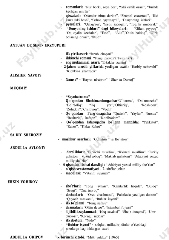 sarguzasht asarlar : “robinzon kruzo”( danel difo) , “o`n besh yoshli kapitan”(jyul vern) - mumtoz adabiyotidagi sarguzasht asar - “farhod va shirin” janni rodari - ilk to`plami: “quvnoq she`rlar to`plami” - mutoyibaga boy to`plamlari: “chippolinaning sarguzashtlari”, “telefonda aytilgan ertaklar”, “jelsamino yolg`onchilar mamlakatida”, “osmondagi tort” “televizorga kirib qolgan jip” , “rim ertaklari”, “uchtadan oxiri bor ertaklar” - turkumlardan o`rin olgan: “hurushni eplolmaydigan kuchukcha” - “uchtadan oxiri bor ertaklar”; “shahzoda plomber” - “rim ertaklari; “qutbdagi gunafsha”- “telefonda aytilgan ertaklar”; “hech qayoqqa olib bormaydigan yo`l “ - “telefonda aytilgan ertaklar” - uch xil yakun topadigan ertaklari: sehrli tog`ora”, “ayyor buratino”, “sahrodagi uy”, “milanda yoqqan shlyapa yomg`iri”, “rinaldoning sarguzashtlari” muqimiy - devoni: “devoni muqimiy” - hajviyoti: “muqimiy maa hajviyot”( 1910) - g`.g`ulom tuzgan devoni: “muqimiy bayozi” - maskvada chop etilgan to`plami: “lirika i satira” - muqimiy ijodini o`rgangan ijodlar : h.yoqubov, a.olimjonov, h.zaripov, h.razzoqov, g`. karimov - she`riy hikoyalari: “maskovchi boy ta`rifida”, “dodhohim”, “saylov”, …