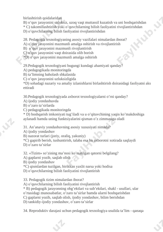 lardan tuzilgan, birikkan yaxlit narsa yoki hodisa d) o’quvchilarning bilish faoliyatini rivojlantirish 33. pedagogik tizim nimalardan iborat? a) o’quvchilarning bilish faoliyatini rivojlantirish * b) pedagogik jarayonning obg’ektlari va sub’ektlari, shakl - usullari, ular o’rtasidagi munosabatlar, o’zaro ta’sirlar hamda ularni boshqarishdan c) gaplarni yozib, saqlab olish, ijodiy yondashuv, bilim berishdan d) tankidiy-ijodiy yondashuv, o’zaro ta’sirlar 34. reproduktiv darajasi uchun pedagogik texnologiya usulida ta’lim - qanaqa jarayon sifatida tashkil etiladi? *a) takror ishlab chiqiladigan konveyerli jarayon b) harakatning yangi usullarini topish jarayoni c) mustaqil o’zlashtirish jarayoni d) ijodiy yondashuv jarayoni 35.tanqidiy – ijodiy yondashuv mohiyatini ko’rsating? *a) mustaqil o’zlashtirish, xarakatning yangi usullarini topish, shaxsan tashabbus ko’rsatishni ko’zda tutadi b) harakatlar, ovozlar va gaplarni yozib, saqlab olish c) shakllar va chizuvlar, matnli belgi, ovozli belgi d) harakatning yangi usullarini topish, gaplarni yozib, saqlab olish 36.qaysi tushuncha ehtiyoj, intilish, qiziqish kabi mahnolarni anglatadi? a) maqsad b) baholash c) mazmun *d) motiv 37. ta’lim jarayoni …