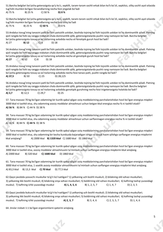 let kodon kodlaydi 33.retrotranspozonga xos bo’lgan (a) va xos bo’lmagan (b) xususiyatlarni aniqlang. 1) virussimon dnk molekulasi; 2) tarkibida dnk ni yopishqoq uch hosil qilib kesuvchi ferment sintezlaydigan gen saqlaydi; 3) tarkibida zaharli toksinlarni parchalovchi ferment sintezlaydigan gen saqlaydi; 4) o’z nusxasini i-rnk vositasida sintezlab, genomning boshqa joyiga ko’chiradi; 5) tarkibida sitozin, adenin mavjud; 6) o’z nusxasini t-rnk vositasida sintezlab, genomning boshqa joyiga ko’chiradi; 7) tarkibida alanin, serin mavjud a) a-3,6,4; b-5,1,2 b) a-2,3,4; b-1,7,6 c) a-1,4,5; b-7,2,6 d) a-2,6,7; b-4,1,2 34.drozofila meva pashshasining kulrang tanali uzun qanotli qizil ko’zli geterozigota urg’ochisi xuddi shunday fenotipga ega bo’lgan erkak pashsha bilan chatshtirildi. urg’ochi pashshadan qanday gametalar hosil bo’lishi mumkinligini aniqlang? 1) a b xa -20,75%; 2) a b xa -20,75% 3) a b xa -20,75% 4) a b xa -20,75% 5) a b xa -12,5%; 6) a b xa -12,5% 7) a b xa -12,5% 8) a b xa -12,5% 9) …