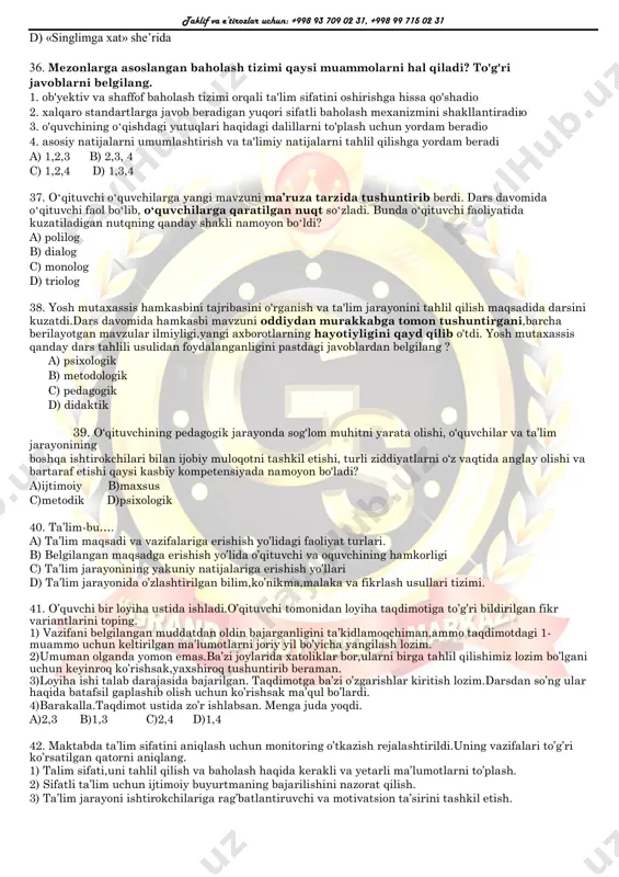 dagi to'g'ri hukmlarni aniqlang a) ikkalasi ham lug'aviy birlik sanaladi b) 1 - qo'shma so'z, lug'aviy birlik; 2 - so'z birikmasi, sintaktik birlik c) 1- turg'un bog'lanma; 2 - erkin bog'lanma d) ikkalasi tarkibida ham tobo-hokim munosabati mavjud emas taklif va e’tirozlar uchun: +998 93 709 02 31, +998 99 715 02 31 27. qaysi gap tarkibida ot turkumiga oid so'z, bilan omonim bo'la oladigan ot qatnashgan? a) kechki payt hujrada shoir yolg'iz odi. b) bir yil tut ekkan kishi qirq yil mevasini totadi c) bu yil bahorning kech kelishi daladagi ishlarni ham kechiktirdi. d) gilamni ham kichik bir kuya ado qilishi mumkinligini bilasanmi? 28. “... men turli bo’hton, shaxsiyat va soxtalar bilan ikkinchi oqlanmaydurg’on bo’lib qoralandim. ko’nglida shamsi g’uboroti, teskarichilik maqsadi bo’lmag’on sodda, vijdonli yigitga xo’rlikdan o’lim tansiqroqdir” – ushbu jumlalar kimning suddagi nutqidan? a) cho’lpon b) g’. g’ulom c) fitrat d) a. qodiriy 29. ham ergash gap qismi …