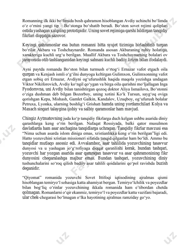 sinki, yerda ko‘kragini o‘q teshgan o‘g‘li kenjash yotardi. ko‘rgulikning sababchisi bozorboy degan o‘y bilan bo‘ston uni otib tashlaydi va qaytayotib, ko‘l bo‘yida hayot bilan vidolashadi. tahlil “qiyomat” bir nechta bir-biriga bog‘lanmagan voqealardan tashkil topgan. voqealarda faqatgina bir juft bo‘ri – akbara va toshchaynar zanjir vazifasini bajaradi. voqealar bo‘rilarning achchiq taqdiri ustiga qurilgan. romandagi har bir syujet qahramonlarining taqdiri fojia bilan tugaydi: mehnatkash cho‘pon bo‘ston bilan bog‘liq voqealar, u kutilmaganda o‘z o‘g‘lini otib qo‘yishi, keyin esa qahr-g‘azab bilan piyonista cho‘pon bozorboyni otib o‘ldirishi va o‘z hayotiga nuqta qo‘yishi, syujetlardan birida hikoya qilingan avdiy kallistratov taqdiri, asardagi yana bir mustaqil syujet – “oltovlon va yettinchi” hikoyasi – bari qiyomat qoyim tarzida fojiaviy yakun topgan. yozuvchi asarni hikoya qilarkan, bir syujetdan boshqasiga, bir zamon va makondan boshqa bir zamon va makonga shunchalik mohirona silliqlik bilan o‘tganki, bunday ko‘chishlar asarni o‘qiyotgan odamga hech qanday o‘ng‘asizlik tug‘dirmaydi. bu, albatta, yozuvchining yuksak mahoratidan darak beradi. zamon …