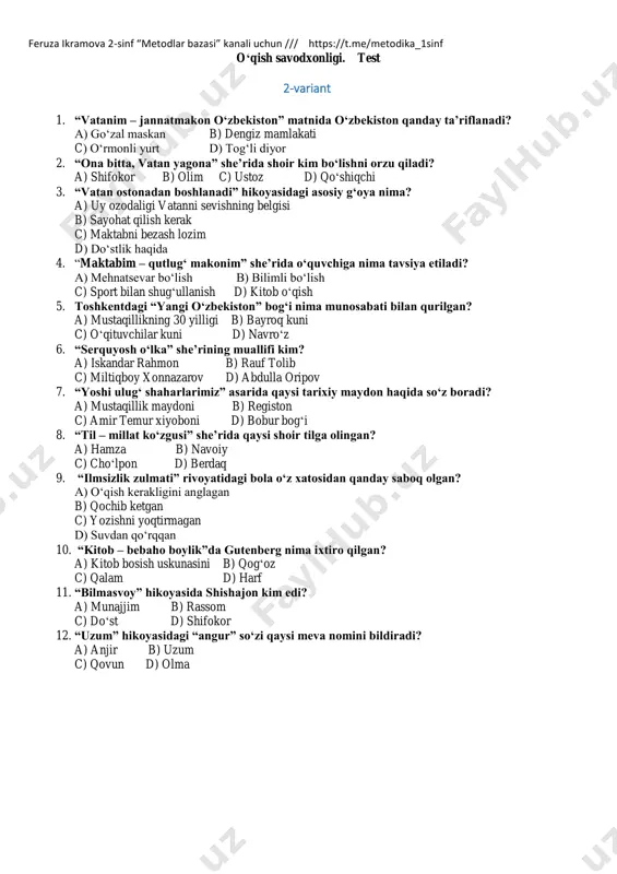 q b) yumshoq c) o‘tkir d) qisqa 7. “kitob – kitop”so‘zlarida qanday hodisa bor? a) aytilish va yozilishdagi farq ✅ b) tovush tushishi c) unli talaffuzi d) ma’no o‘zgarishi 8. to‘g‘ri yozilgan so‘zlar qatorini toping a) handalak, xisob, harakat b) handalak, hisob, harakat c) xandalak. xisob, xarakat d) xandalak, hsob, xarakat 9. nuqtalar o‘rniga qaysi harf qo‘yiladi? “kito.., makta.., g‘oli..,” a) “t” harfi b) “p” harfi c) “b” harfi d) “d” harfi 10. quyidagi so‘zlardan qaysisida oxirgi tovush aytilmaydi, lekin yozuvda mavjud? a) baland, samarqand b) kasb, kitob c) istak, quloq d) sabab, misol feruza ikramova 2-sinf “metodlar bazasi” kanali uchun /// https://t.me/metodika_1sinf tabiiy fanlar bo‘yicha test savollari 1-chorak yakuni uchun 1-variant 1. tabiat deganda nimani tushunamiz? a) uy va maktabni b) bizni o‘rab turgan hamma narsani c) faqat daraxtlarni d) faqat hayvonlarni 2. quyidagi qaysi biri jonli tabiatga kiradi? 3. quyosh bizga nima beradi? a) yomg‘ir b) issiqlik va …