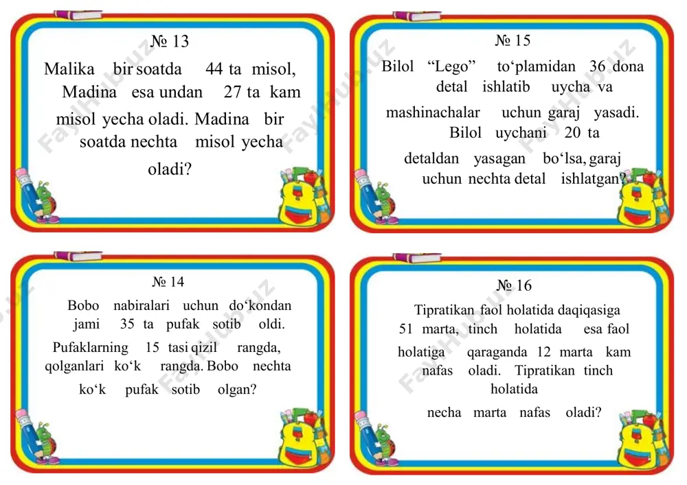 har bir ko‘ylak uchun necha metrdan atlas ishlatilgan? № 56 7 nafar o‘quvchi kutubxonaga keldi va har biri 3 tadan kitob oldi. o‘quvchilar jami nechta kitob oldi? № 57 36 litr sut 4 ta bidonga teng bo‘lib quyildi. har bir bidonga necha litrdan sut quyilgan? № 58 2 ta yashikning har birida 9 kg dan sabzi bor. yashiklarda hammasi bo‘lib necha kilogramm sabzi bor? № 59 malika birinchi kuni 100 ta ro‘mol, ikkinchi kuni esa birinchi kunga qaraganda 99 ta ko‘p ro‘mol tikdi. malika ikkinchi kuni nechta ro‘mol tikkan? № 60 imronga dadasi tug‘ilgan kunida 300 ta mayda va undan 101 ta kam yirik detali bor lego konstruktor to‘plamini sovg‘a qildi. lego konstruktor to‘plamida nechta yirik detal bor? № 61 dehqon dalaga ekish uchun 400 kg kartoshka va undan 99 kg kam sabzi urug‘i sotib oldi. dehqon necha kg sabzi urug‘i sotib olgan? № 62 maktab oshpazlari bayram dasturxo- niga …