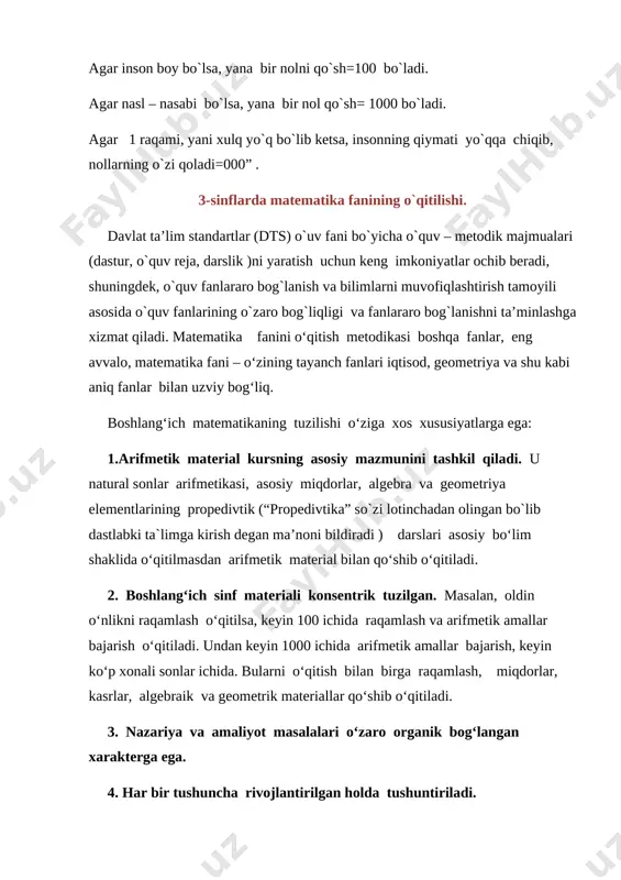 i tasmalar) va ularning har bir ayrim -ayrim qirqiladi. 2-usul. bitta to`g`ri to`rtburchakli tasma chiziladi qog`ozga qo`yiladi va atrofidan qalam yuritib chiqiladi. chizilgan to`g`ri to`rtburchakli tasma qirqiladi va hokazo. 3-usul. nechta tasma hosil bo`lishi kerak bo`lsa, shuncha varaqli qog`oz olinadi. ustidagi qog`ozga kerakli to`g`ri to`rtburc hak tasma chiziladi. o`quvchilarda kerakli miqdorda to`g`ri to`rtburchakli tasmalar tayyor bo`lgandan keyin tasmalardan birini (buklash yo`li bilan) ikkita teng qismga, ikkinchisini teng uchga, uchinchisini teng to`rtga, to`rtinchisini teng oltiga, beshinc hisini teng sakkizga bo`lish taklif qilinadi. bolalar ulushlardan eng kattasi yarim, en g kichigi esa sakkizdan bir ekaniga ishonch hosil qiladilar. shunday qilib, o`quvchilar shakllarni teng bo`laklarga amaliy bo`lish yo`li bilan ulushlarni taqqoslaydilar. ulushlarni amaliy taqqoslashda to`g`ri to`rtburchakli tasmalar bilan bir qatorda doiralardan ham, kvadrastlardan ham, boshqa geometrik shakllardan ham foydalanish zarur. turli usullarni faqat qog`ozga buklash yoki qirqish bilangina emas, balki bo`yash orqali ham hosil qilish mumkin. ikkinchi sinfda bolalarni sonning ulushini topishga va …