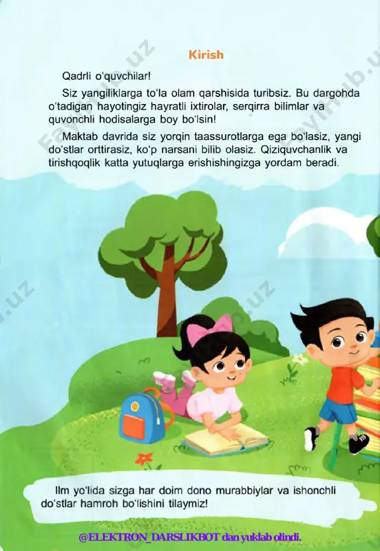 ini ichda saqlash kerak emas. agar bolalar bilan biror kor-hol ro'y bersa, maktabdagi kattalar ularga yordam berishga tayyor. @elektron_darslikbot dan yuklab olindi. hojatxona nima uchun kerakligini hamma biladi. uni toza ttnqlash birinchi navbatda sog‘lig‘imiz uchun muhim hisoblanadi. i lojatxonadan tartibsiz foydalanish, eshiklar va devorlarni lopib, ularga chizish, iflos qilish, gigiyena qoidalarini buzish i.irbiyasizlikka kiradi. hojatxonadan foydalanib bo'lgach: * qog'ozni axlat qutisiga tashlash; ♦ suv tushirgichni ishlatish; qo'llami sovunlab yuvish kerak. uo‘l yuvish qoidalarini bilasizmi? maktab hovlisi maktab atrofidagi o'ralgan hudud hisoblanadi. bu yerga daraxt va gullar ekish mumkin. ekilgan gullarni yoki daraxtlarni asrab-avaylash va gulzorga aylantirish kerak. @elektron_darslikbot dan yuklab olindi. 3 -4 -d a rs la r maktab hovlisida sport maydonchalari bo‘ladi. bu yerda issiq kunlarda jismoniy tarbiya darslari, sport musobaqalari o‘tkaziladi. sport maydonchalarida qanday jismoniy mashqlar va sport turlari bilan shug‘ullanish mumkin? ▼ yodda tu tin g evakuatsiya - odamlarni xavfli hududdan olib chiqish. ba’zan maktabda yong'in, gaz …