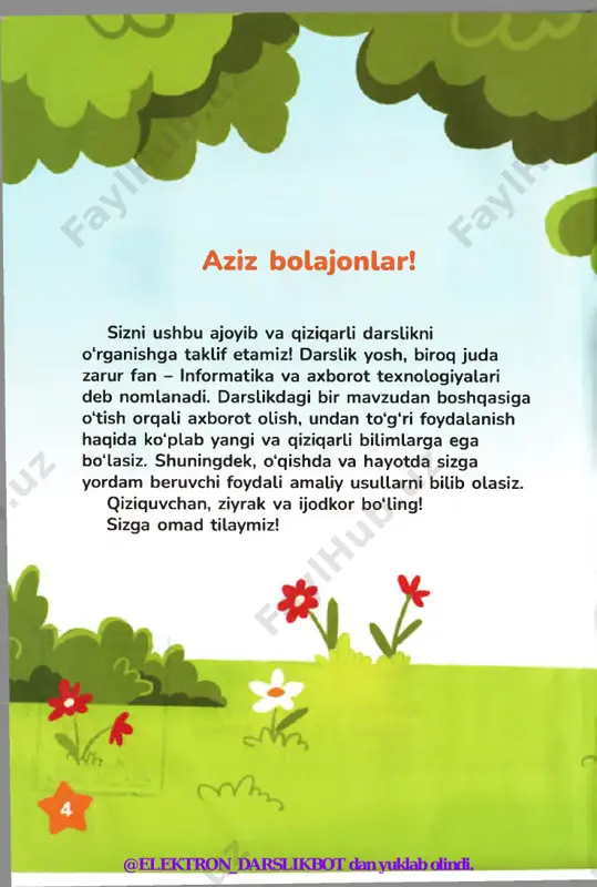 ning belgilarini sanab bering. • qaysi narsalarning belgilari bir-biriga o ‘xshaydi? • qarama-qarshi belgilari bo'lgan narsalarni toping. & @elektron_darslikbot dan yuklab olindi. samaradorlik 29-dars f 1. rasmlarga qarang va qarama-qarshi belgilari bor narsalarni toping. f (d 2. qaysi biri ortiqcha? 3. sinfingizda qarama-qarshi bor narsalarni toping. belgilari @elektron_darslikbot dan yuklab olindi. 30-dars samaradorlik ^ ^ t a s d iq - inkor • q izaloq nima qilyapti? • stol ustida nim alar bor? • stolning ustida ortiqcha narsalar bormi? nomlarini ayting. • stol ustidagi narsalarni namunada ko'rsatilganidek ta ’riflang. namuna: qalam - o ‘quv quroli. o lma - ... emas. 1. rasmga qarab gaplarni davom ettiring. @elektron_darslikbot dan yuklab olindi. samaradortik 30-dars 2. geometrik shakllarga o ‘z uychalarini topishda yordam bering. 3. rasmlarga diqqat bilan qarang. berilgan ta ’rifga mos rasmni topib, nomini ayting. bu sabzavot ham, meva ham emas, qizil ham, yashil ham emas. @elektron_darslikbot dan yuklab olindi. 31-dars …