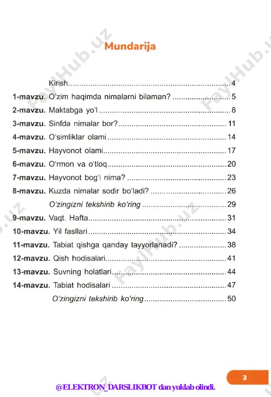 nli muzey. hayvonot bog‘idagi hayvonlar qafaslarda yashaydi, odamlar kelib, ularni tomosha qiladilar. hayvonot bog‘ida yo'qolib borayotgan noyob hayvonlar ham saqlanadi. masalan, sayg'oq, yolbars, oq tirnoqli ayiq. olimlar noyob hayvonlarni kuzatadilar, ularni o'rganadilar, ko'paytiradilar. ( yolbars)(oq tirnoqli ayiq) ( sayg‘oq ) hayvonot bog‘iga keluvchilar uchun qoidalar jonivorlarga ovqat bermang chiqindi tashlamang jonivorlarning jig‘iga tegmang panjaradan oshib o‘tmang shovqin solmang @elektron_darslikbot dan yuklab olindi. 7-mavzu hayvonot bog‘i nima? har bir bo limda qanday jonivorlar yashaydi? @elektron_darslikbot dan yuklab olindi. hayvonot bog‘i nima? 7-mavzu @elektron_darslikbot dan yuklab olindi. 8-mavzu kuzda nimalar sodir boladi? men uchun kuz - rang-barang bo'yoqlar fasli. daraxt va butalar yorqin sariq, jigarrang, to‘q sariq, qizil va to‘q qizil tusga kiradi. rassom kuzning qanday belgilarini tasvirlagan? kuzning yana qanday belgilarini bilasiz? @elektron_darslikbot dan yuklab olindi. v;' kuzda nimalar sodir bo‘ladi? 8-mavzu men uchun kuz - mo‘l-ko‘l hosil, pishiqchilik fasli. mevalar, sabzavotlar, yong'oqlar - hammasi kuzda g‘arq pishadi. @elektron_darslikbot dan yuklab …