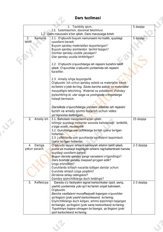 sariq kartochkani) ko‘taring. topshiriqni bajara olmagan bo‘lsangiz, qo‘lingizni (yoki qizil kartochkani) ko‘taring. 2-3 daqiqa texnologiya 3-sinf (34 soat) o‘quv haftasi dars mavzusi soat sana darslikdagi dars tartib raqami izoh 1 rangli qog‘ozdan qush yasash 1 1 6-7-betlar 2 origami kiti 1 2 8-9-betlar 3 rangli qog‘ozdan chumoli yashash 1 3 10-11 betlar 4 qurbaqa (rangli qog‘oz) 1 4 12-13 betlar 5 kaktus (rangli qog‘oz) 1 5 14-16 betlar 6 plastilindan kamalak yashash 1 6 16-17 betlar 7 arslon, kiyik (plastilin) 1 7 18-19-betlar 8 toshbaqa, o‘rdak (plastilin) 1 8 20-21 betlar 9 qurt, kapalaklar (gofrlangan qog‘oz) 1 9 22-23 betlar 10 gullar (rangli qog‘oz, naycha) 1 10 24-25 betlar 11 ayyor tulki (keraksiz materiallardan buyun yasash) 1 11 26-27-betlar 12 mandarin daraxti (keraksiz materiallardan buyum yasash) 1 12 28-29 betlar 13 qorbobo, asalari (havo pufakchali plyonkadan buyum yasash) 1 13 30-31-betlar 14 o‘yinchoq yasaymiz (keraksiz materiallardan buyum yasash) 1 14 …