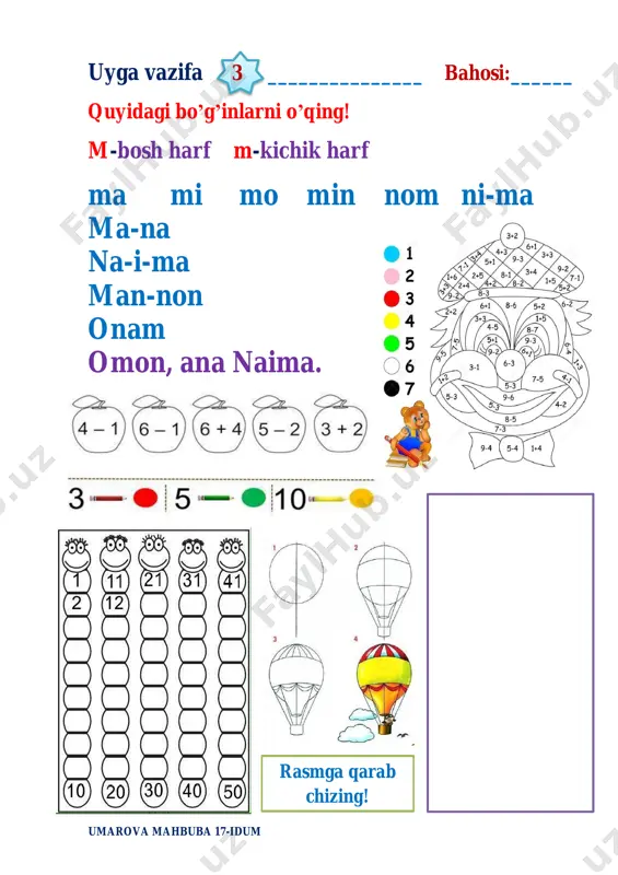 rova mahbuba 17-idum uyga vazifa 25 __________________bahosi:______ v - bosh harf v - kichik harf va ve vi vo vu vo’ av iv ov va-tan na-vo-iy vo-diy gav-har to-vus vo-hid to-vuq mav-ju-da var-rak vi-lo-yat umarova mahbuba 17-idum xorazmdan xabar keldi. uyga vazifa 26 __________bahosi:______ x - bosh harf x - kichik harf xa xe xi xo xu xo’ ax ix ox ux xat xo-liq xa-bar xur-shi-da xo’-roz xay-rul-la pax-ta xo-razm gul-xan jiz-zax umarova mahbuba 17-idum sonlarni hosil qil! uyga vazifa 27 __________________bahosi:______ f - bosh harf f - kichik harf fa fi fe fo fu fo’ af if of far-zand far-g’o-na daf-tar fa-zi-lat of-tob fur-qat pu-fak far-hod umarova mahbuba 17-idum uyga vazifa 28 __________________bahosi:______ tutuq belgisi ( ’) belgisi a’-lo ra’-no e’-lon tal’-at ta’-lim a’-zam sur’-at mash’-al umarova mahbuba 17-idum umarova mahbuba 17-idum