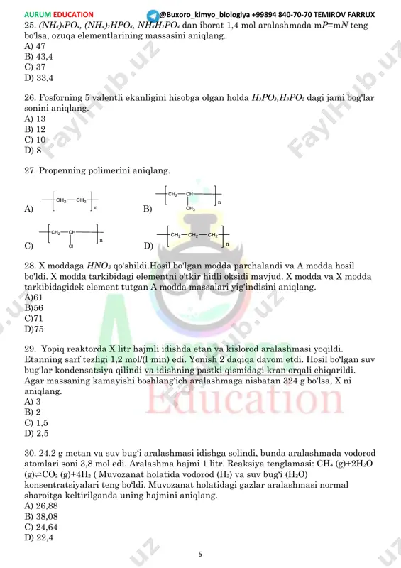 l tuz bo'lgan cho'kma tushdi 33. ag3po4 molini toping 34. agi molini toping 35. agno3 dan qancha sarflangan a) 0,2 b) 0,3 c) 0,5 d) 0,8 e) 0,1 f) 1 36. mis(l) sulfid + nitrat kislota = tuz+kislota+azot (ll) oksid+ suv. 0,16 mol suv hosil bo'lgan bo'lsa sarflangan kislota molini toping. 37. x mol kmno4 parchalandi va y mol tuzlar xosil bo'ldi eritmaga 164 gr 36,5 % li hcl quyildi ( reaksiyaga 2 ta modda kirishgan ) 0,49 mol gaz ajraldi x ni toping. 38. cnh2n-2*17h2o yondirildi. olingan co2 massasi suv bug'laridan 13,2 gr ga ko'p. kamaygan kislorod massasi 8 gr bo'lsa. klatrat massasi toping. 39. 222 g 5% li kalsiy xlorid eritmasiga 0,12 mol natriy karbonat qo‘shildi. bir oz vaqt o‘tib, eritma orqali 1,12 litr (n. sh.) karbonat angidrid gazi o‘tkazildi. oxirgi eritmadagi suvning massasini aniqlang. 40. 0,18 mol cu(no3)2 naoh qo'shildi va 3,08 gramm aldegid qo'shildi va qizdirildi …