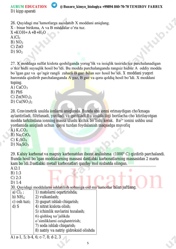 javoblarni (a-f) javob variantlaridan tanlang. 200 g 18,3%li natriyli x tuz eritmasiga co2 va so3 dan iborat 10,2 g gazlar aralashmasi yuttirilganda 11,7 g gelsimon cho’kma tushdi. filtratga bariy atsetat qo’shilganda 78,8 g cho’kma hosil bo’ldi. 33. hosil bo’lgan eritmadagi x tuzning massasini (g) toping 34. hosil bo’lgan eritmadagi na2so4 miqdorini (mol) aniqlang? 35. hosil bo’lgan eritmadagi na2co3 miqdorini (mol) aniqlang? a) 0,15 b) 0,25 c) 0,05 d) 0,1 e) 0,2 f) 0,35 36. quyidagi reaksiyaning oksidlanish jarayonini yarim reaksiya usulidayozing va tenglang. (javobingizni javoblar varaqasiga ko`chiring.) p2s3 + hno3 = h3po4 + so2 + no2 + h2o 37. temir (ii)-nitrat eritmasiga suv qo’shilganda (p = 1g/ml) eritma massasi 2 marta, hajmi esa 2,25 marta ortdi. hosil boʻlgan eritmada nitrat ionlarining molyar konsentratsiyasi 2 mol/l ga teng bo’ldi. dastlabki eritmadagi fe(no3)2 massa ulushini (%) toping. 38. i guruh ishqoriy metallning binar birikmasining 43,6 grammiga co2 qo’shildi. bunda ajralgan gaz mis …