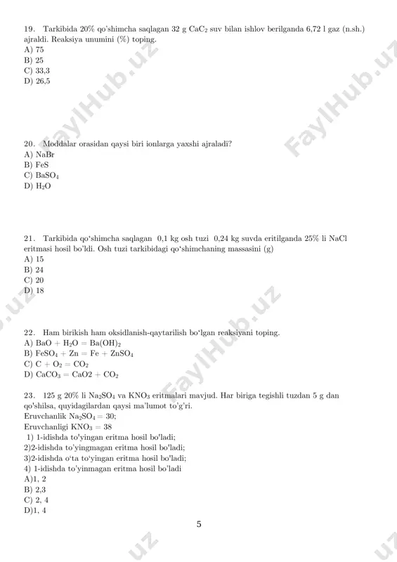 hilganda 4,8 mol choʻkma ajraldi. dastlabki formaldegid eritmasining foiz konsentratsiyasini (%) aniqlang. 9 41. tarkibi na, cl va o dan iborat 5,43 g tuz sulfat kislota ishtirokida ki eritmasi bilan ta’sirlashganda 0,12 mol qoramtir kulrang oddiy modda idish tubiga cho'kdi. eritma filtrlangandan so'ng filtratga me(ch3coo)2 tashlandi va eritma cho'kma tushishi to'xtaguncha sovutildi. hosil bo’lgan eritma filtirlandi. olingan cho'kma massasi 44,7 g ( cho’kma mecl2 va meso4 dan tashkil topgan) tashkil qiladi. cho’kma ajratilgach, tarkibida faqat ishqoriy metall atsetatlari tutgan eritma hosil bo'ldi. hosil bo'lgan eritma diafragma orqali eritmadan ajratilgan inert elektrodlar orqali tuz tugaguncha 6,7 a tok bilan elektroliz qilindi.(katodda va anodda ajralgan gazlar eritma orqali o'tmagan) 1) naclox dagi x qiymatini toping. 2) me(ch3coo)2. 3) elektroliz uchun sarf bo’lgan vaqtni (soat) toping. 4) dastlabki jarayonda hosil bo’lgan qoramtir-kulrang cho’kma konsentrlangan nitrat kislota eritmasida to’liq eritilganda hosil bo’ladigan hxo3 tarkibli kislota massasini (g) va ajralgan no2 miqdorini (mol) aniqlang. 42. …
